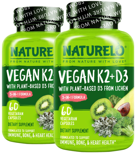 NATURELO Vitamin D3 K2 - Vegan K2+D3 with Plant Based D3 from Lichen - Natural D3 Supplement for Immune System, Bone Support, Heart Health - Whole Food - Non-GMO - Gluten Free, 60 Capsules