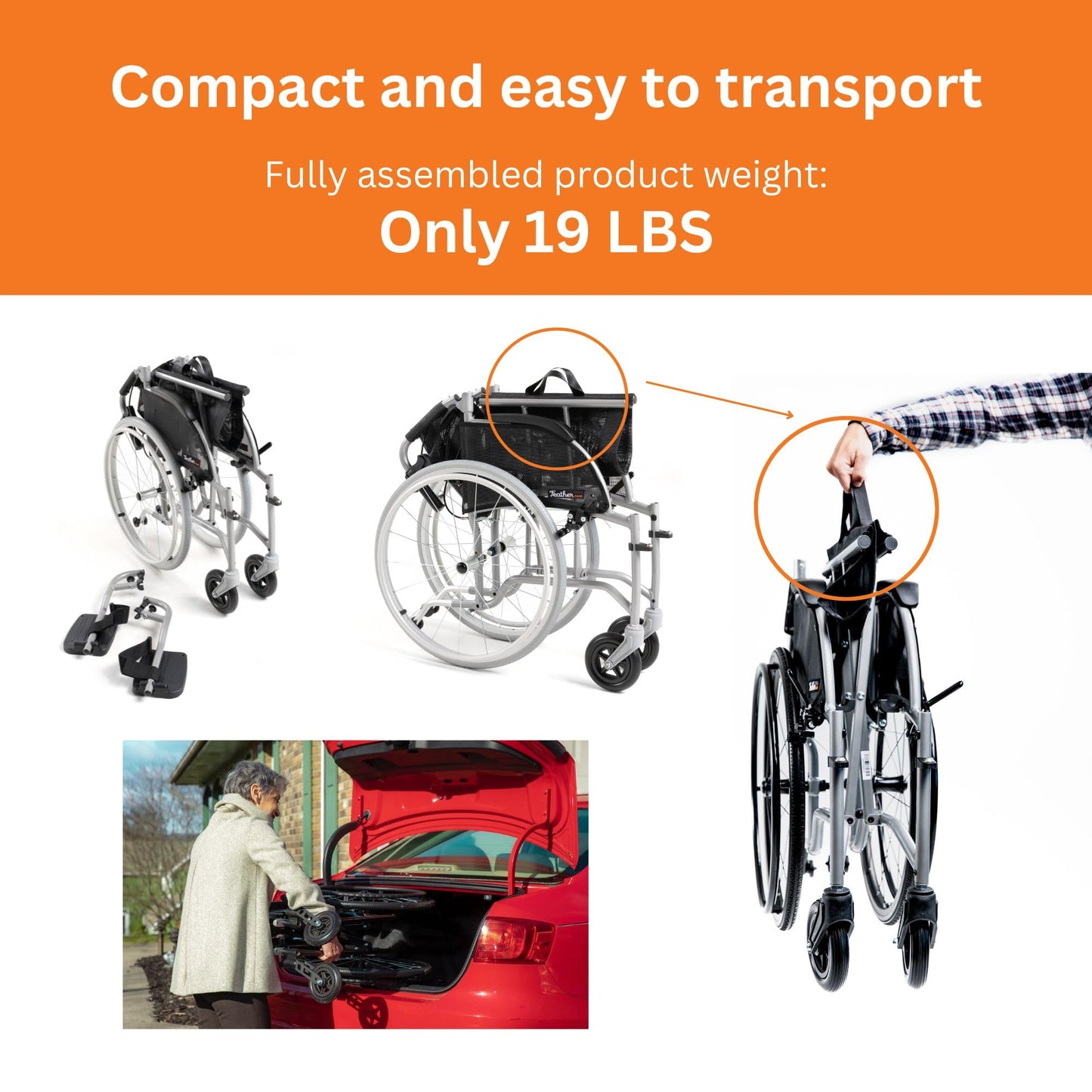 Feather Mobility - Red Cushion 13.5lb Silver Frame Lightweight Folding Wheelchair - Seat Width 18" with Swingaway Legrests, Anti-tippers, and Quick Release Wheels