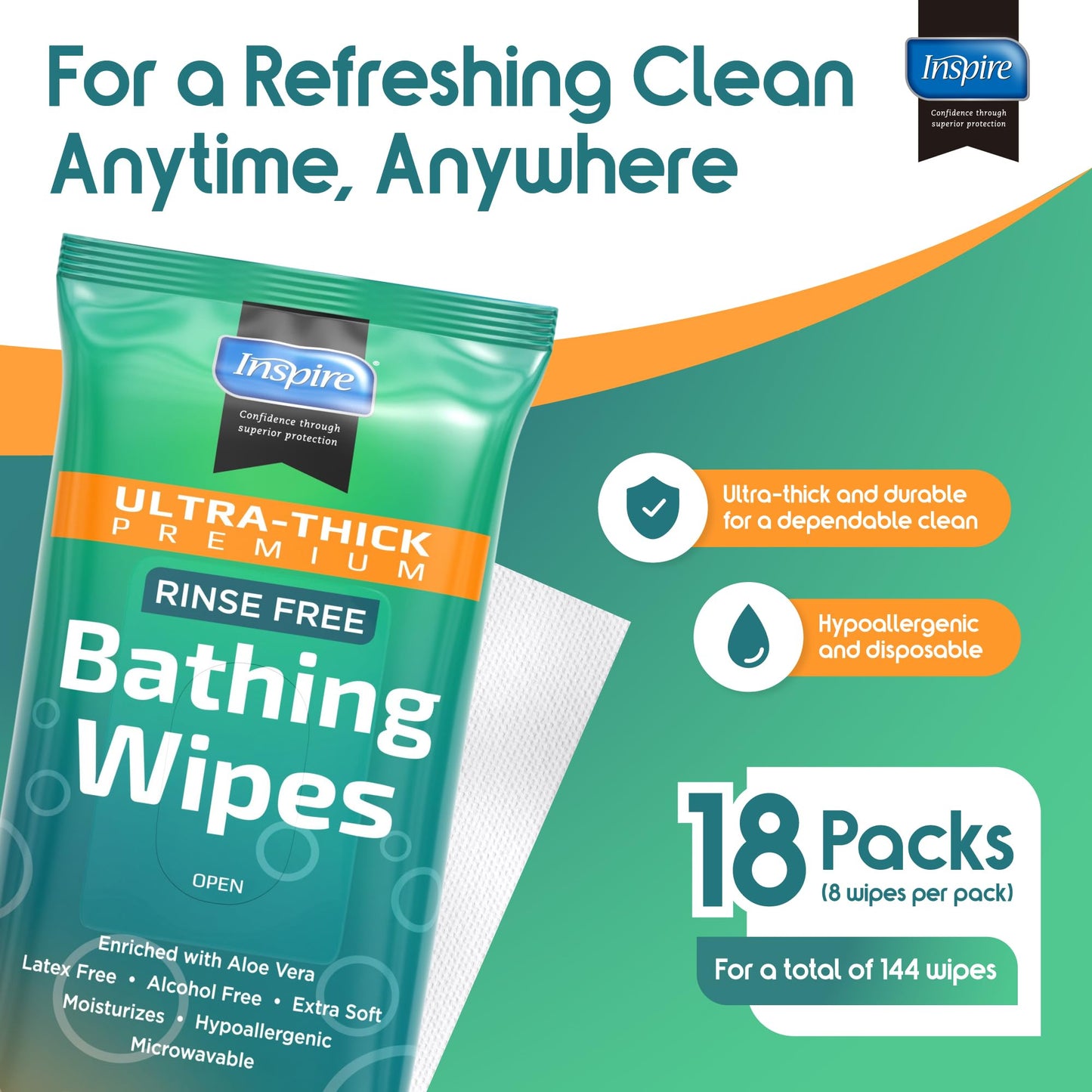 Inspire Rinse Free Body Wash Wipes | Bathing Wipes, Shower Wipes | Extra Large Adult Wipes With Aloe | Cleansing Adult Wipes | Body Wipes For Women And Men | Disposable Washcloths For Adults Bathing