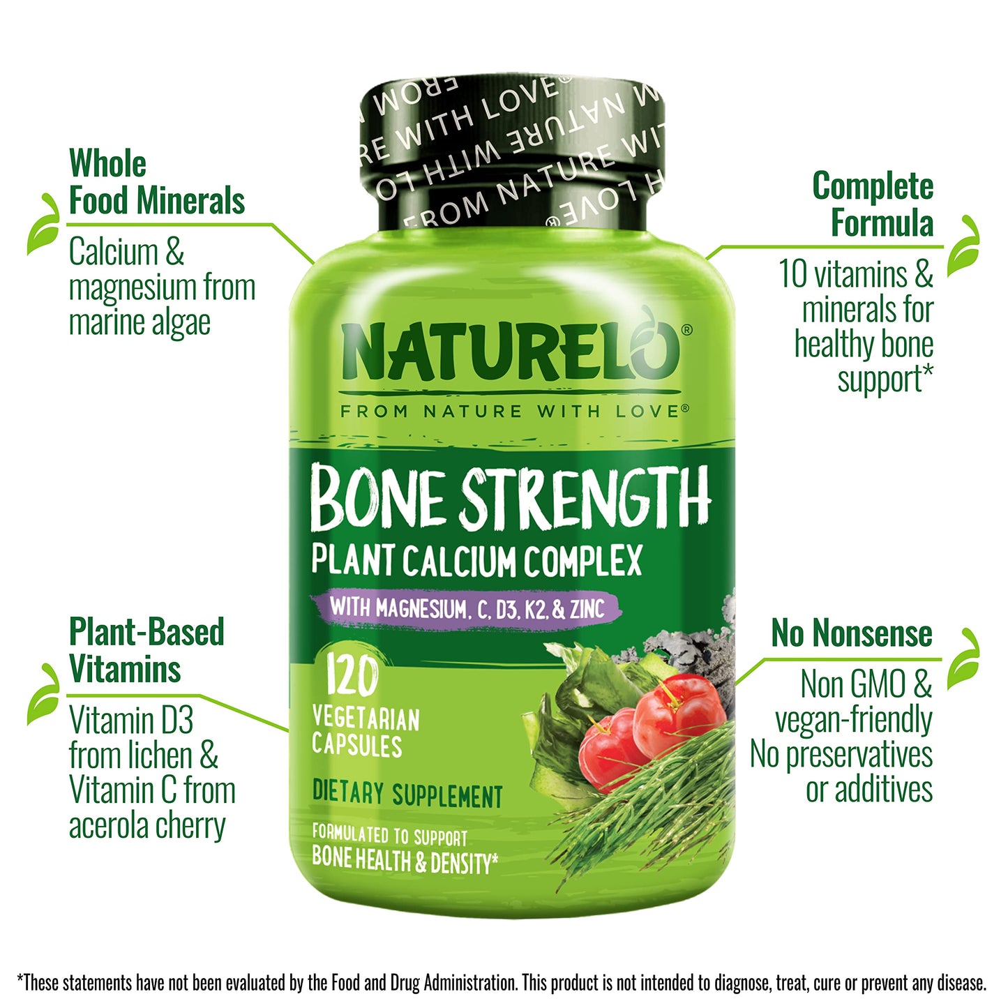 NATURELO Calcium Supplement - with Vitamin C, Vitamin D3, K2, and Calcium Magnesium Zinc for Bone Strength with Calcium 600mg - Plant-Based, 120 Vegetarian Capsules, Non-GMO, Soy & Gluten-Free