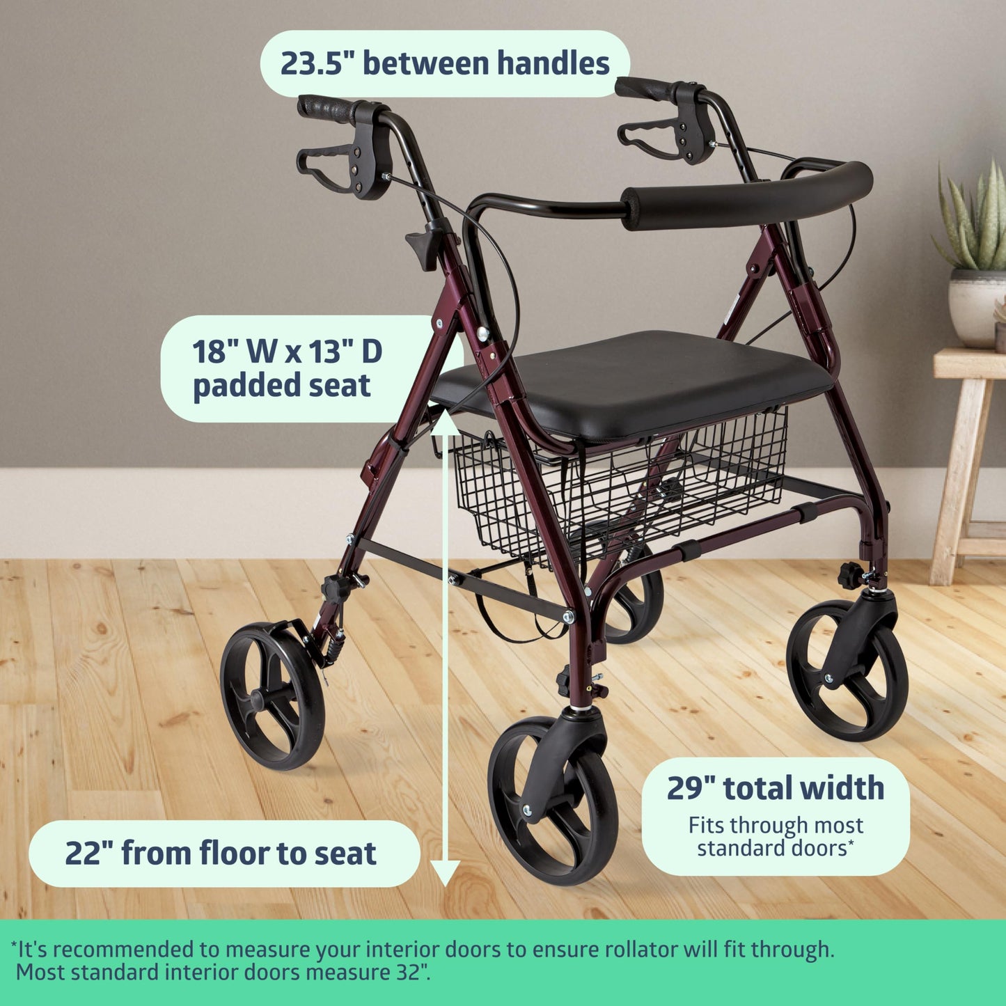 Medline Large Steel Bariatric Rollator Walker with Adjustable Handles, Padded Seat & Backrest, Burgundy, 500 lb. Weight Capacity, Foldable, Under Seat Storage, 8" Wheels, Rolling Walker For Seniors & Adults