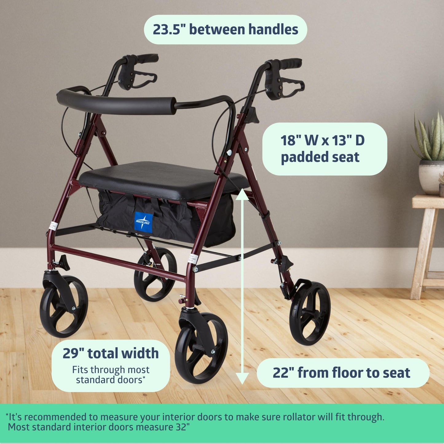 Medline Large Steel Bariatric Rollator Walker with Adjustable Handles, Padded Seat & Backrest, Burgundy, 500 lb. Weight Capacity, Foldable, Under Seat Storage, 8" Wheels, Rolling Walker For Seniors & Adults