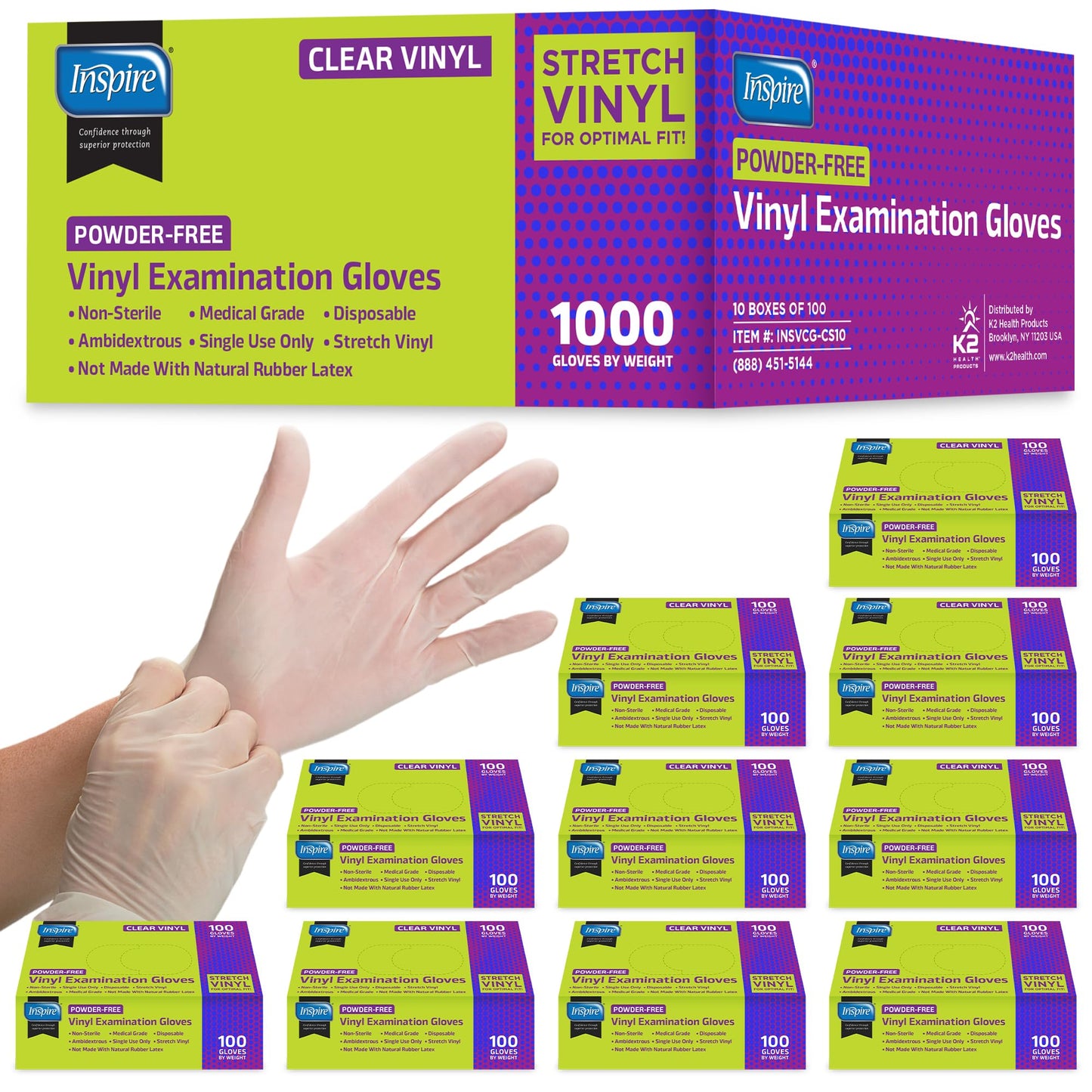 Inspire Exam Medical Clear Vinyl Disposable Gloves - Latex Free for Cleaning, Food Prep