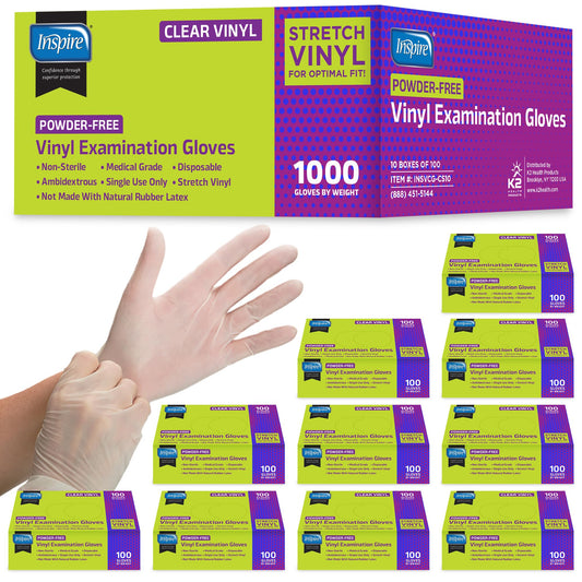 Inspire Exam Medical Clear Vinyl Disposable Gloves - Latex Free for Cleaning, Food Prep