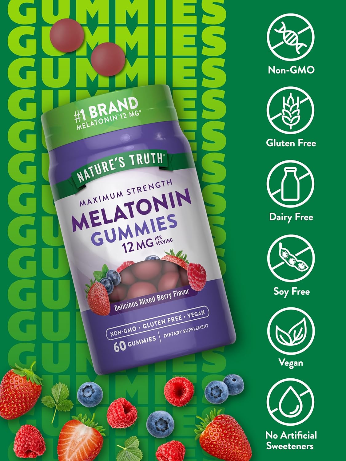 Nature's Truth Melatonin Gummies | 12mg | Mixed Berry Flavor | Vegan, Non-GMO & Gluten Free Supplement
