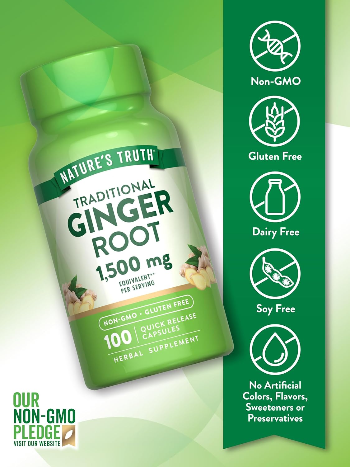 Nature's Truth Ginger Root Capsules | 1,500mg | 100 Count | from Ginger Root Extract | Non-GMO and Gluten Free Supplement