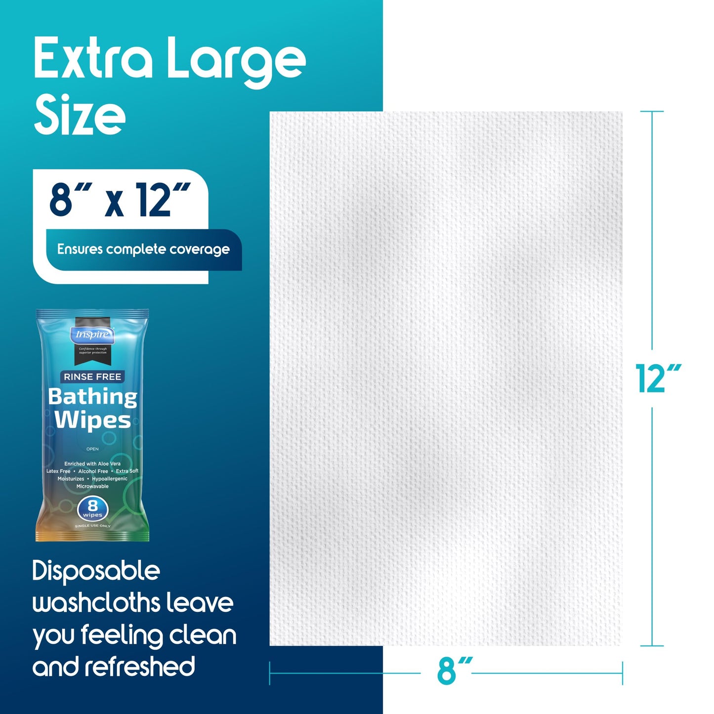 Inspire Rinse Free Body Wash Wipes | Bathing Wipes, Shower Wipes | Extra Large Adult Wipes With Aloe | Cleansing Adult Wipes | Body Wipes For Women And Men | Disposable Washcloths For Adults Bathing