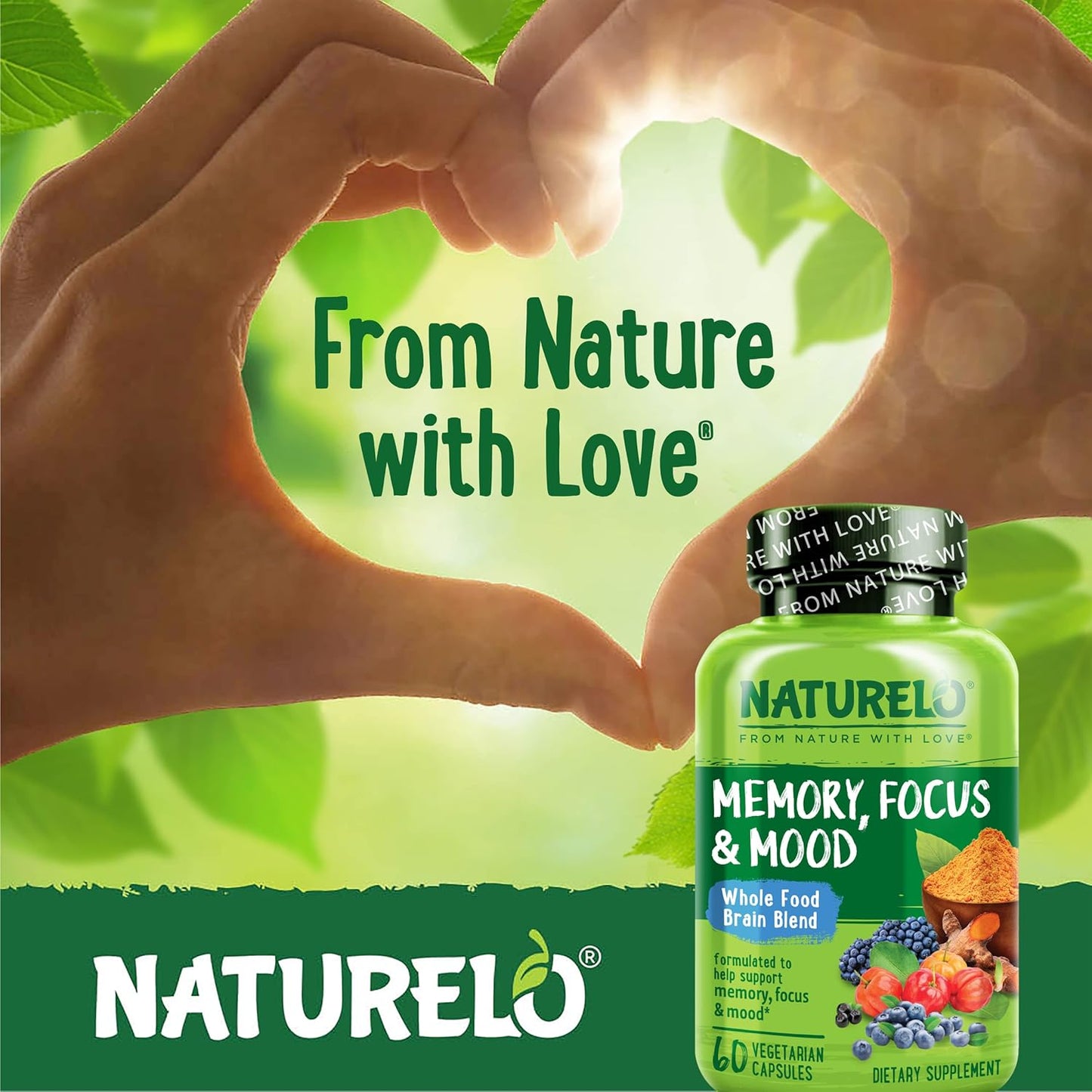 NATURELO Whole Food Brain Supplement - Brain Health Supplements for Memory & Focus Support - Enhance Brain Health Blend Supplement for Adults - 60 Vegetarian Capsules