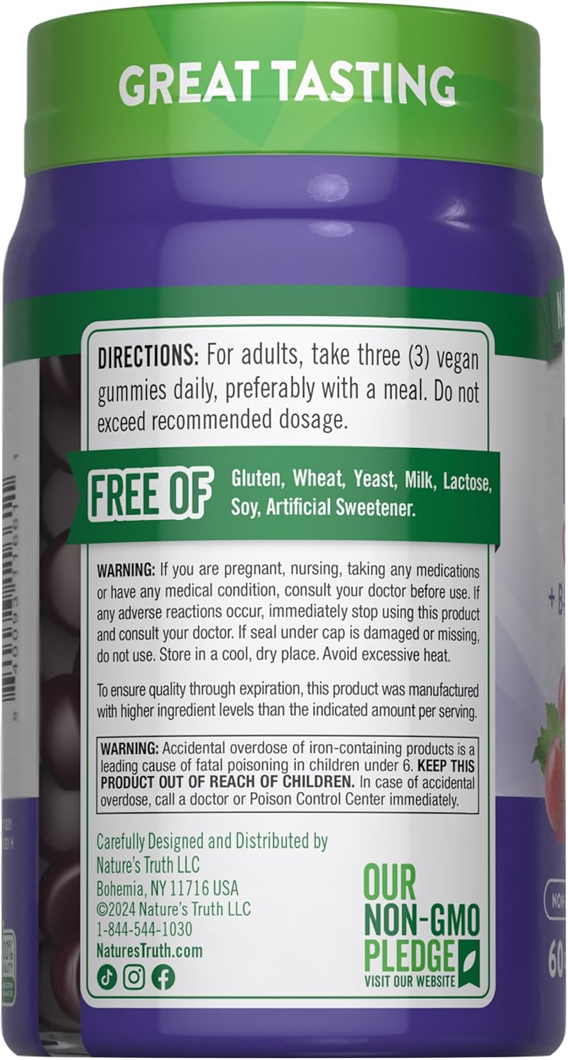 Nature's Truth Iron Gummies | 60 Count | Vegan, Non-GMO & Gluten Free Supplement | with Zinc & B Vitamins | Grape Flavor