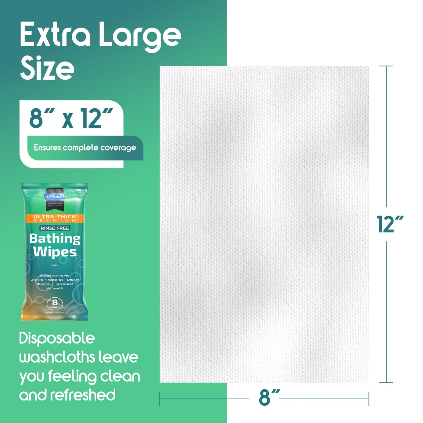 Inspire Rinse Free Body Wash Wipes | Bathing Wipes, Shower Wipes | Extra Large Adult Wipes With Aloe | Cleansing Adult Wipes | Body Wipes For Women And Men | Disposable Washcloths For Adults Bathing