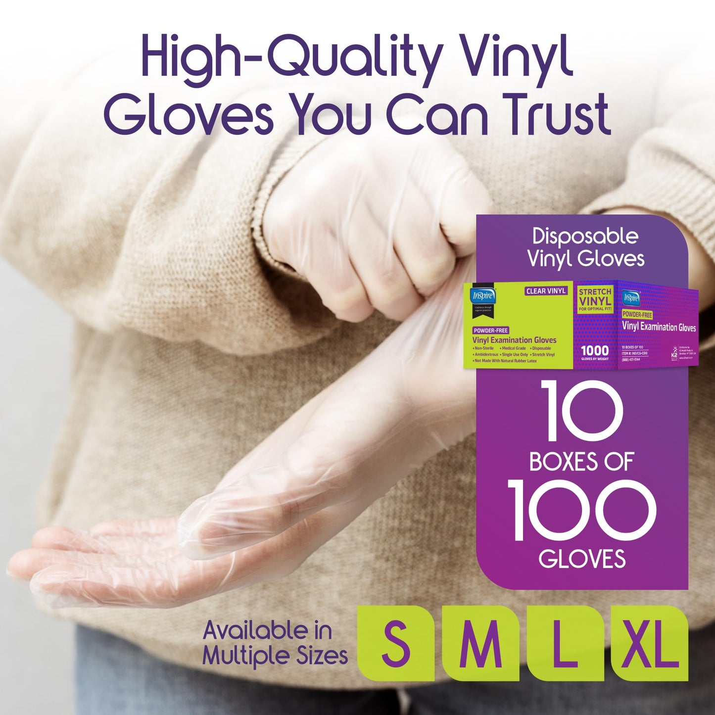 Inspire Exam Medical Clear Vinyl Disposable Gloves - Latex Free for Cleaning, Food Prep