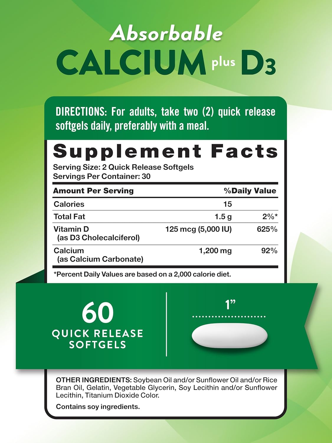 Nature's Truth Calcium 1200mg with Vitamin D3 5000 IU | 60 Softgels | from Calcium Carbonate | Non-GMO & Gluten Free Supplement