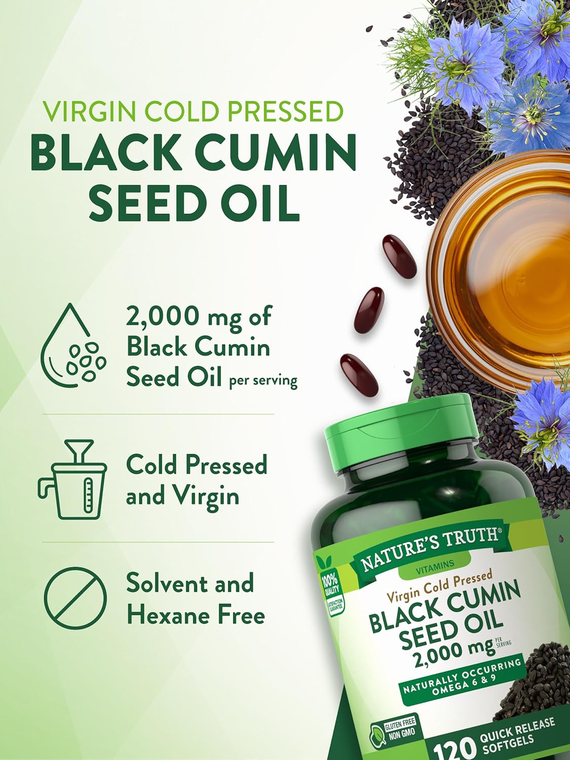 Nature's Truth Black Seed Oil Pills | 2,000mg | 120 Softgels | Virgin Cold Pressed Cumin | Non-GMO and Gluten Free Supplement