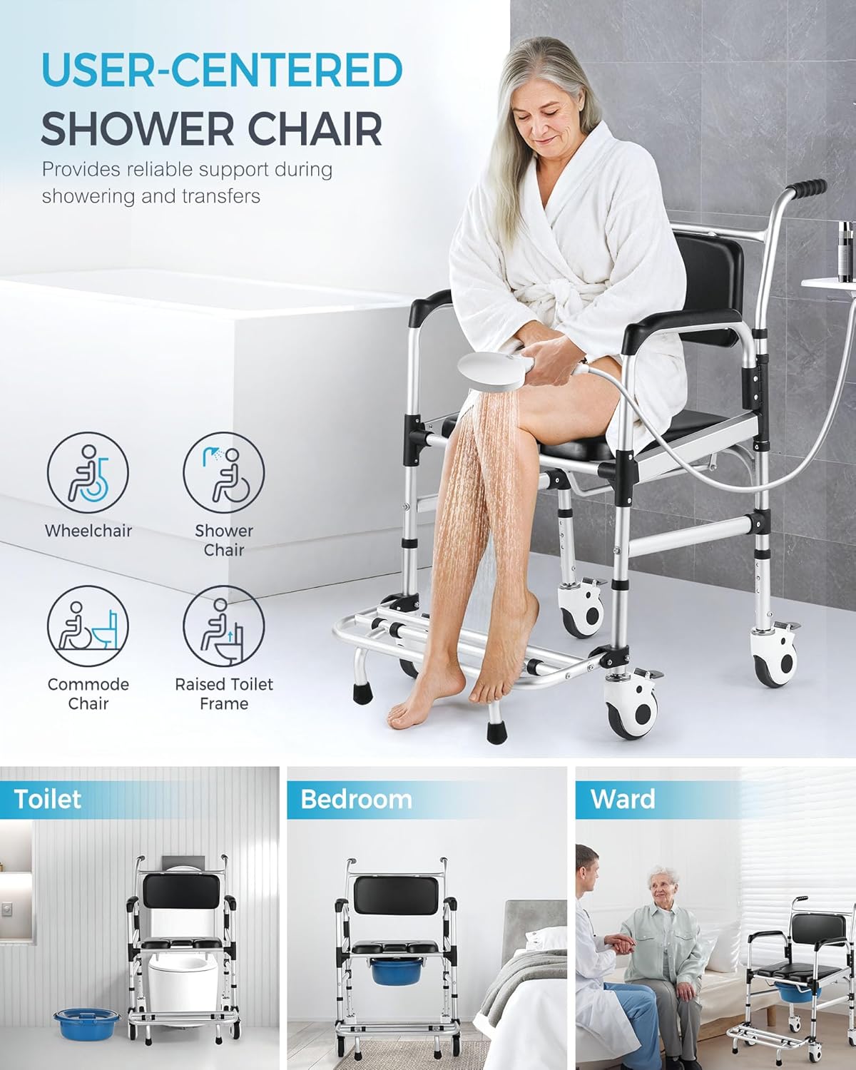 Enlarged Rolling Shower Chair – 4-in-1 Bariatric Commode Chair for Elderly & Post-Op Recovery