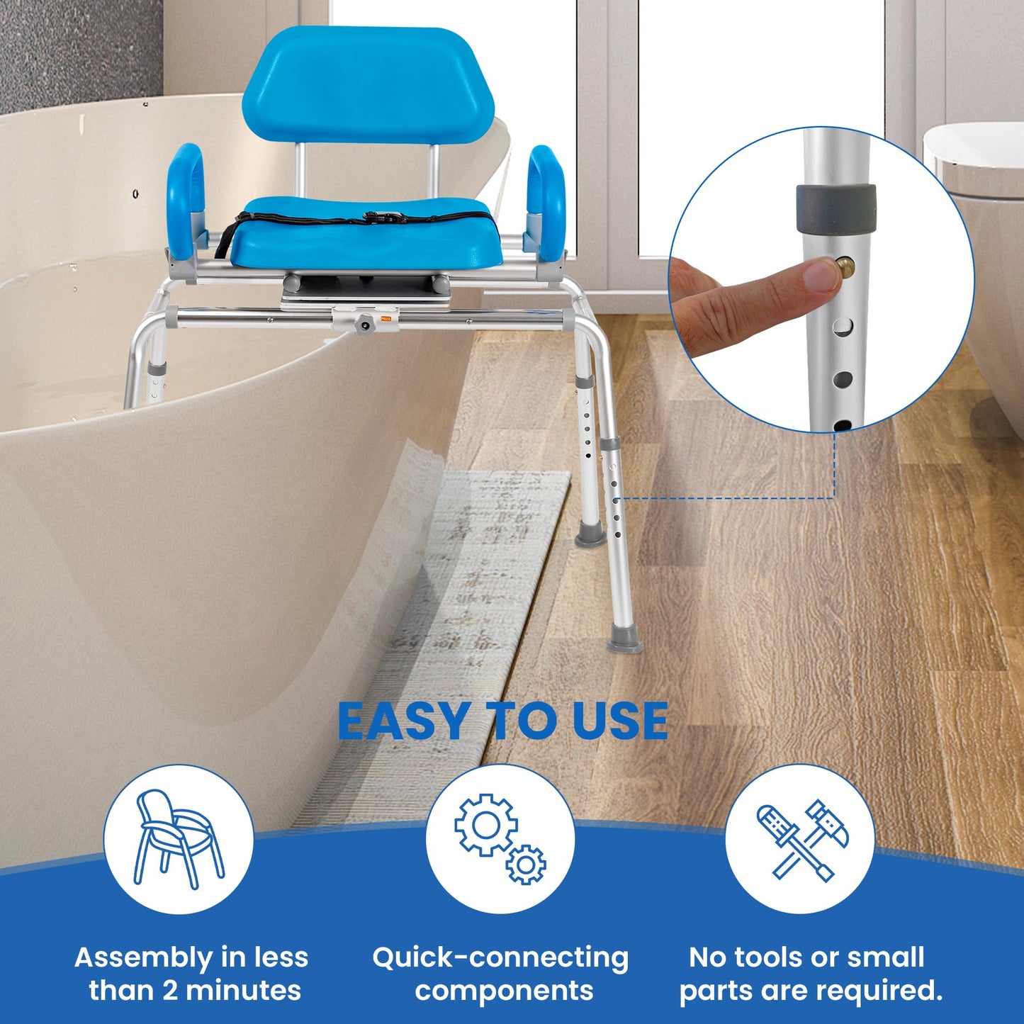 Platinum Health Carousel Sliding Shower Chair Tub Transfer Bench with Swivel Seat, Premium Padded, Pivoting Arms, Adjustable Space Saving Design for Tubs, Inside Shower, for Handicap & Seniors, Blue