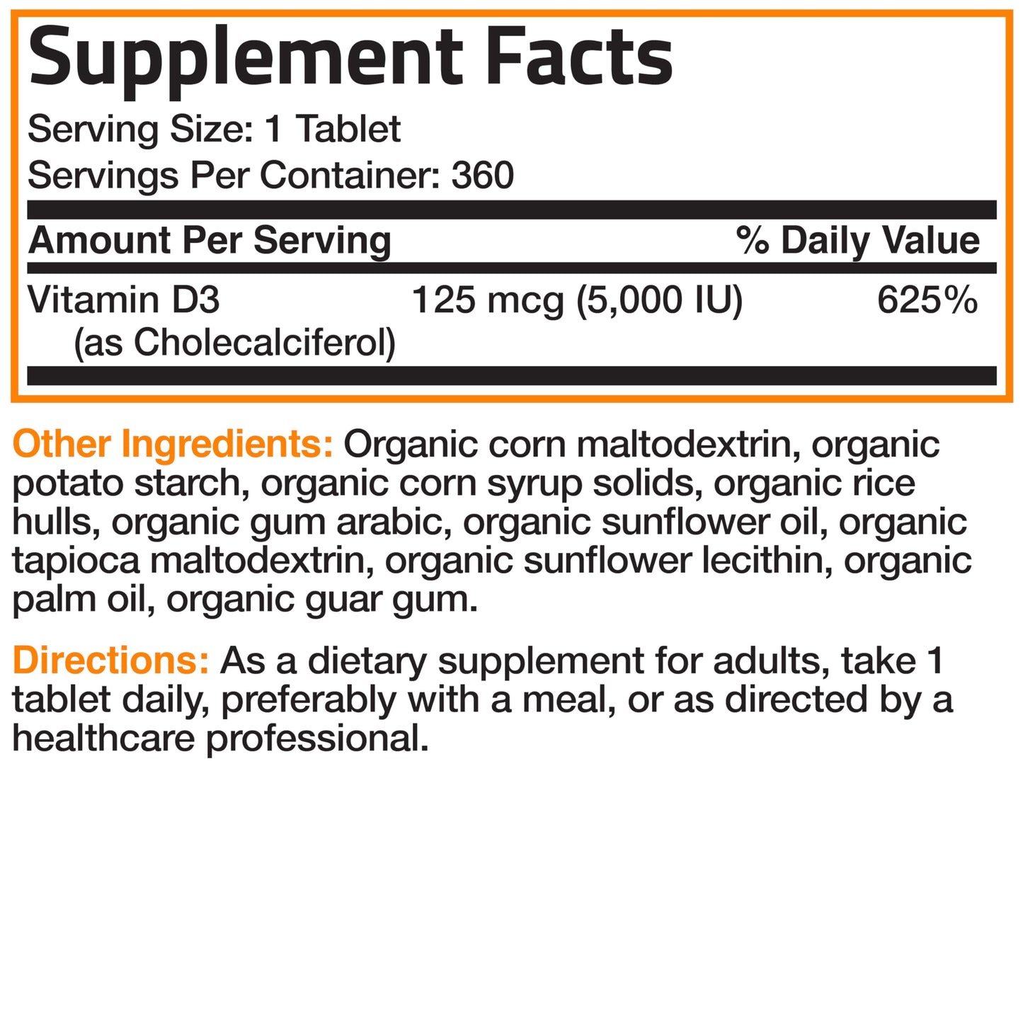 Bronson Vitamin D3 5,000 IU (1 Year Supply) for Immune Support, Healthy Muscle Function & Bone Health, High Potency Organic Non-GMO Vitamin D Supplement, 360 Tablets