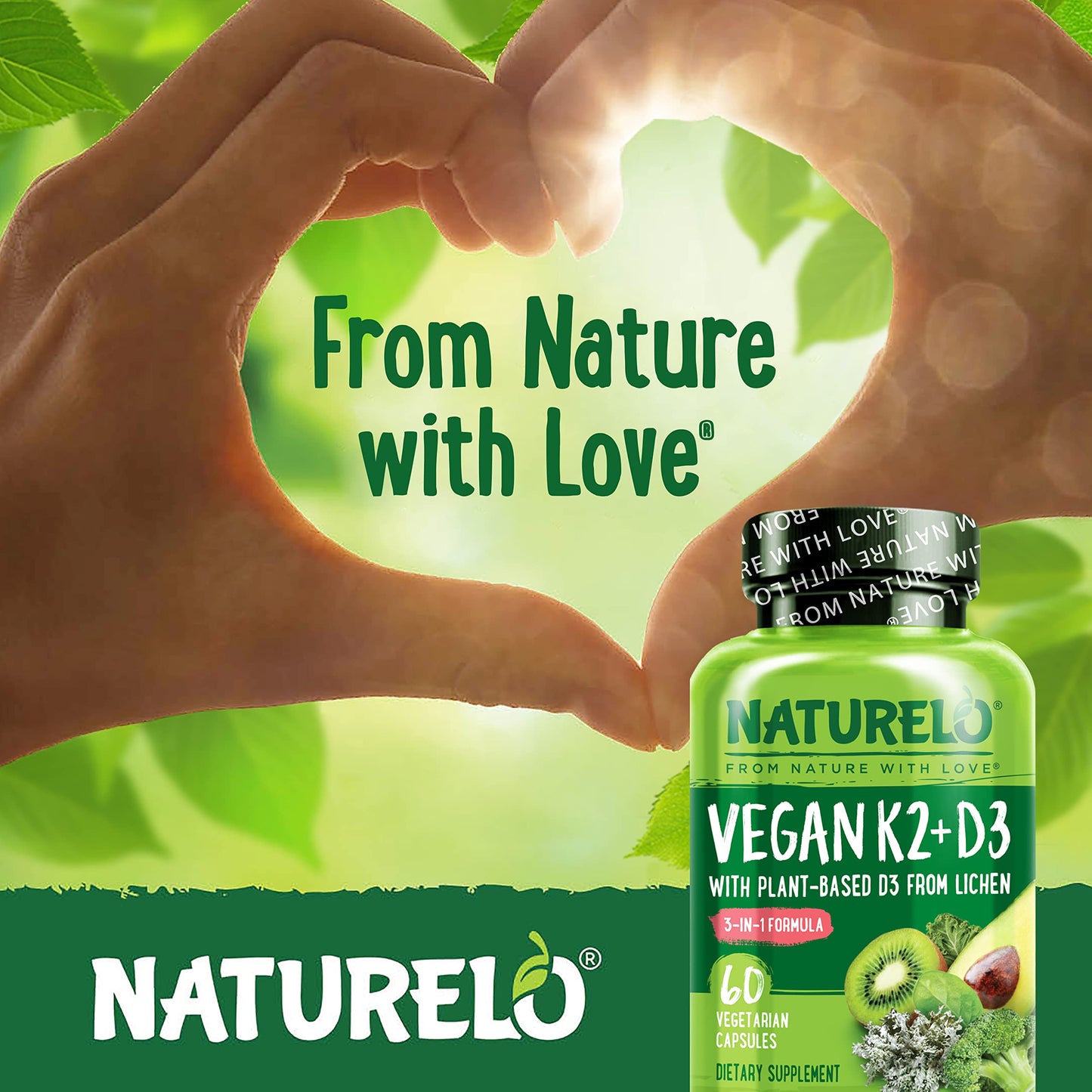 NATURELO Vitamin D3 K2 - Vegan K2+D3 with Plant Based D3 from Lichen - Natural D3 Supplement for Immune System, Bone Support, Heart Health - Whole Food - Non-GMO - Gluten Free, 60 Capsules