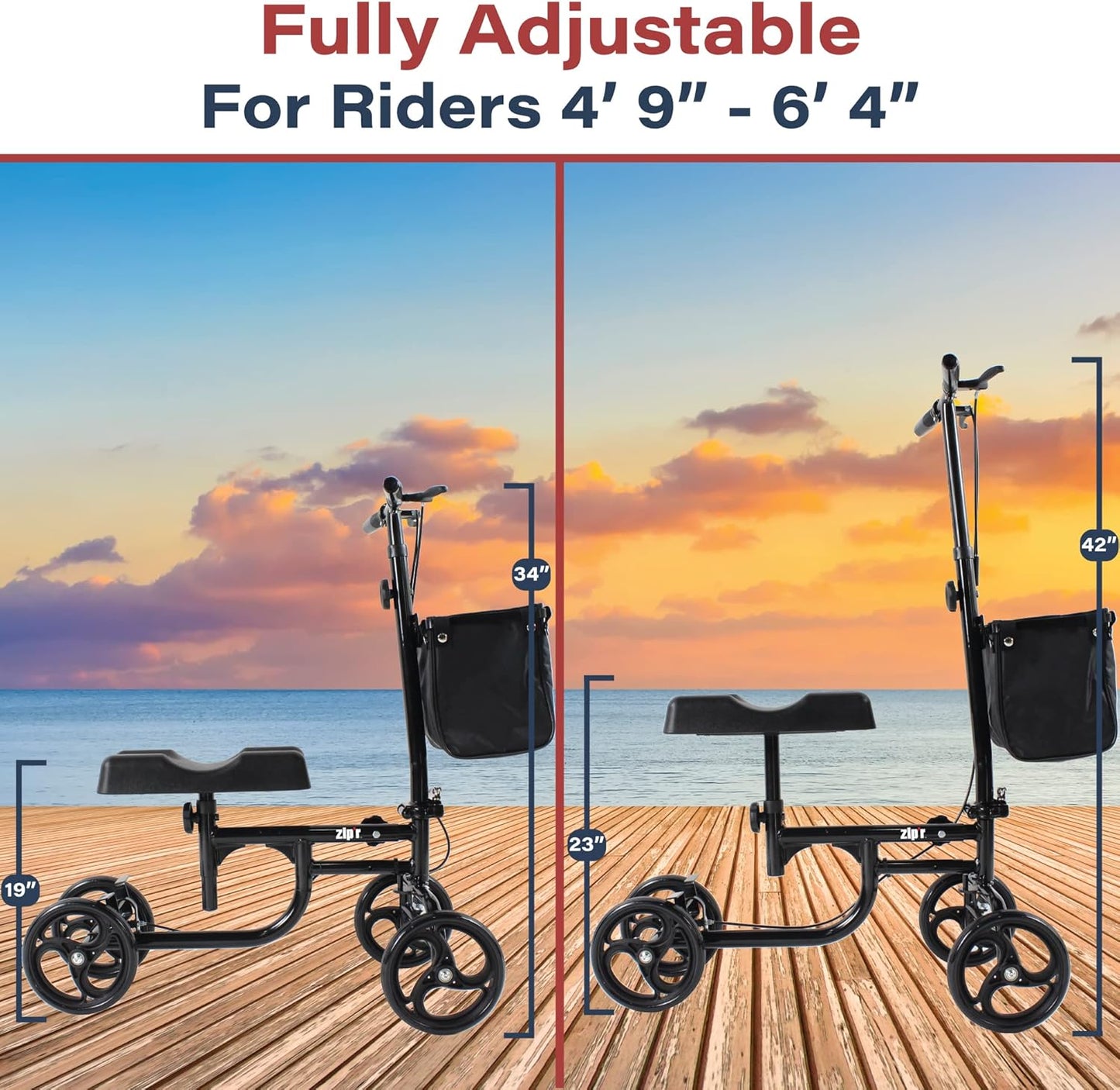 Zipr Coaster Medical Knee Scooter - Portable Knee Roller Scooter - Knee Walker Scooter with Removable Storage Bag - Steerable Knee Scooter Crutch - Ambidextrous Dual Braking Rolling Knee Scooter Cart