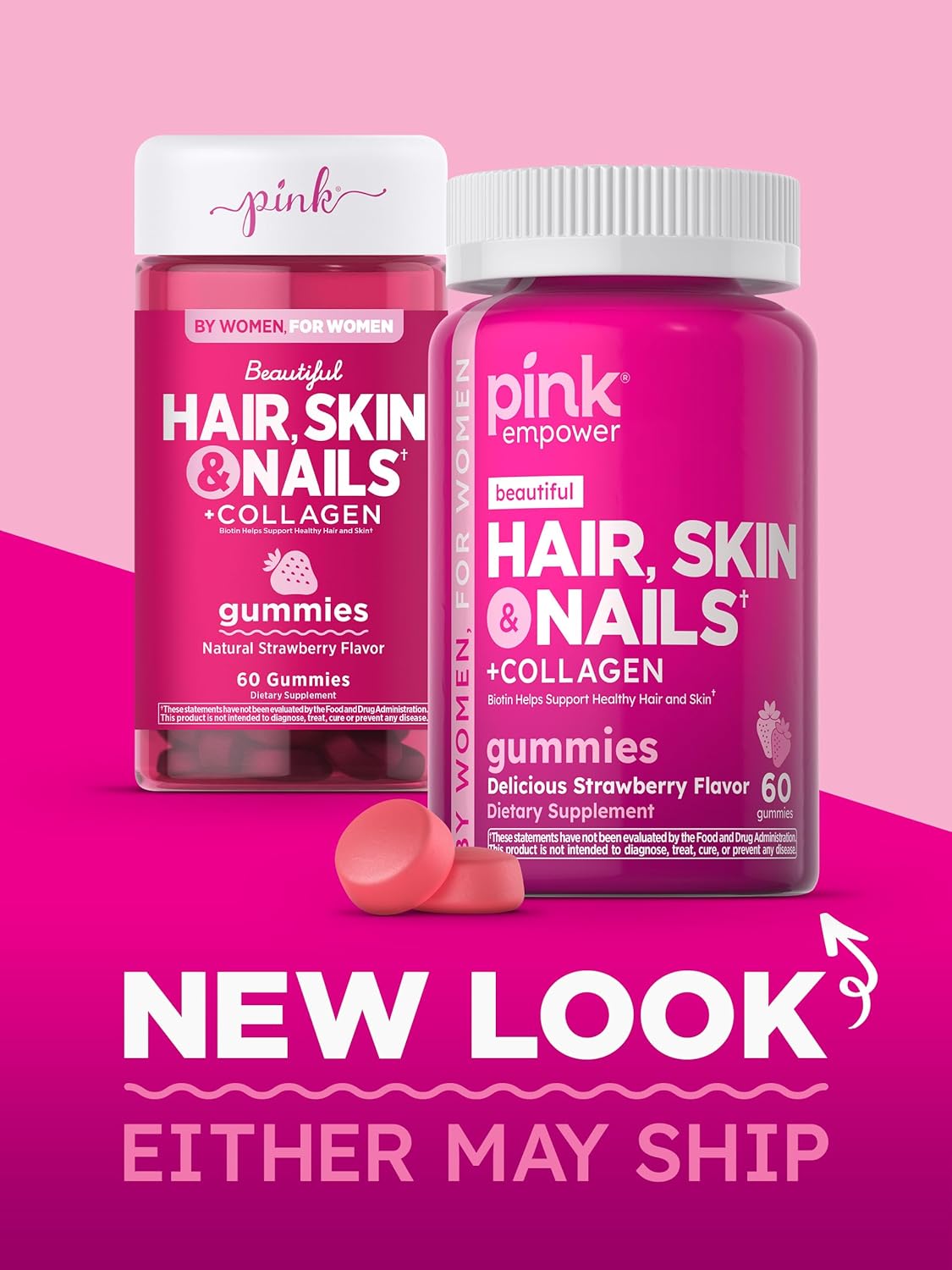 PINK Hair Skin Nails Gummies | 60 Count | Plus Collagen & Biotin | Non-GMO & Gluten Free Vitamins for Women | Strawberry Flavor