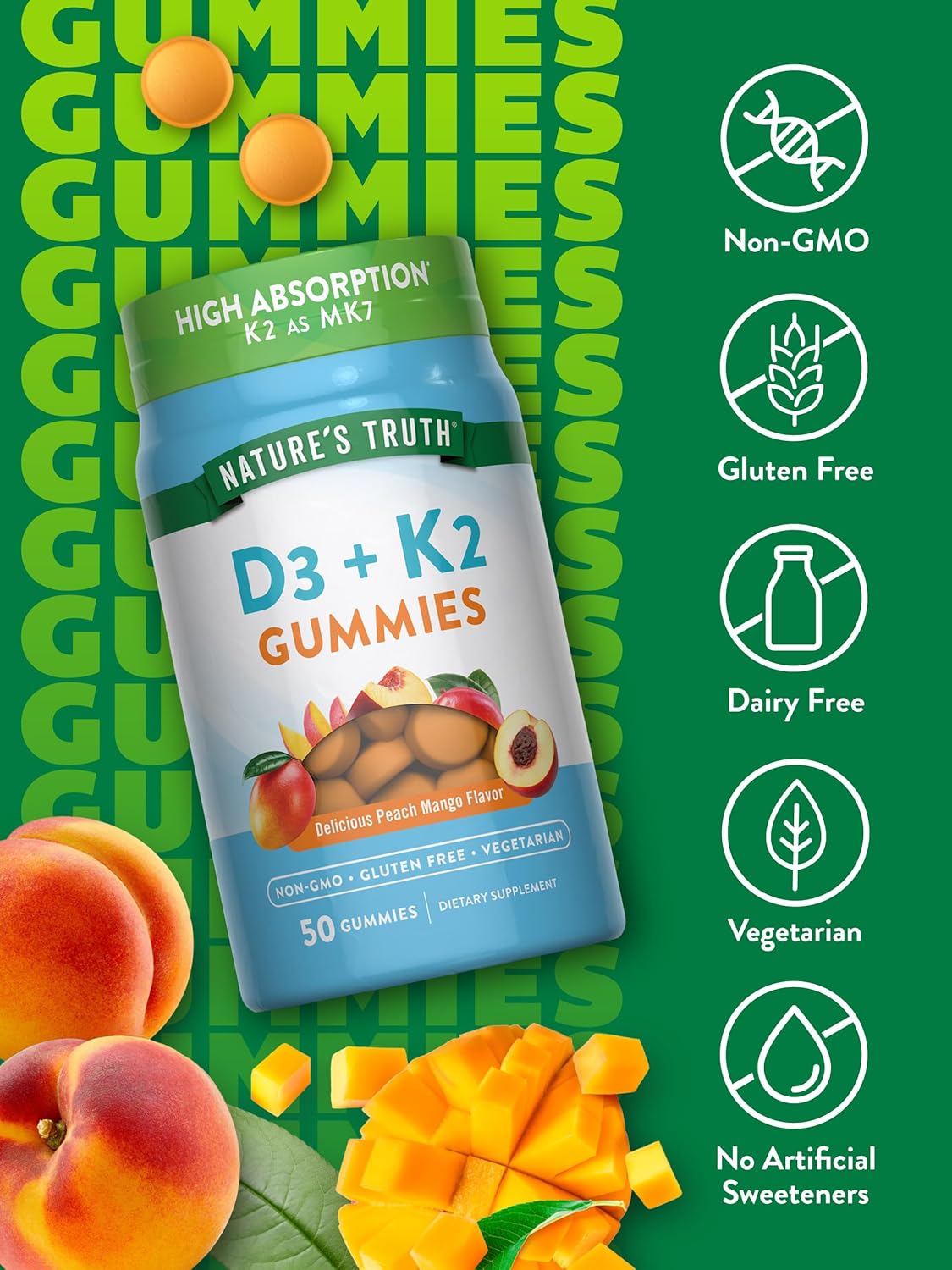Nature's Truth Vitamin D3 + K2 Gummies | 50 Count | Peach Mango Flavor | Vegetarian, Non-GMO & Gluten Free Supplement