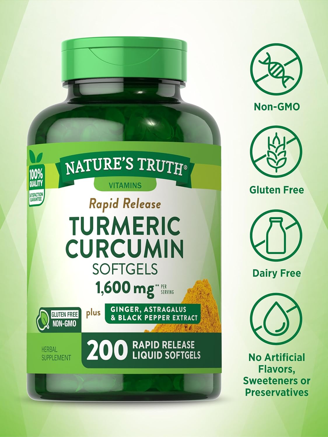 Nature's Truth Turmeric Curcumin Complex | Plus Ginger, Astragalus, & Black Pepper Extract | 200 Rapid Release Softgels | Non-GMO and Gluten Free Supplement