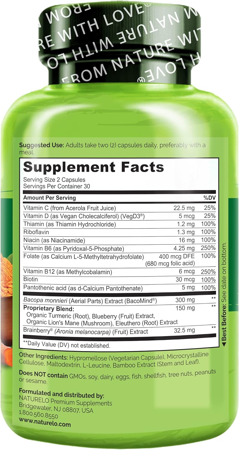 NATURELO Whole Food Brain Supplement - Brain Health Supplements for Memory & Focus Support - Enhance Brain Health Blend Supplement for Adults - 60 Vegetarian Capsules