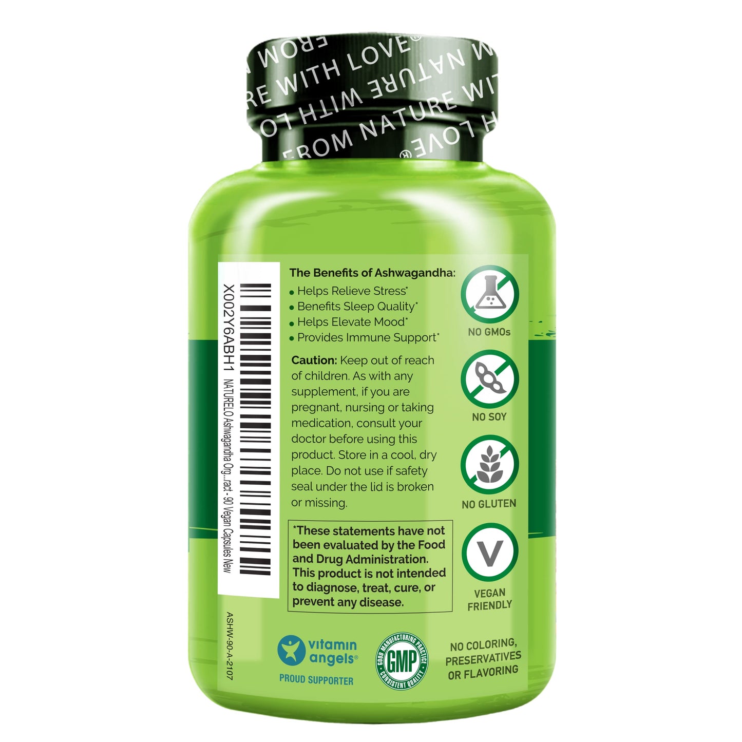 NATURELO Ashwagandha Organic Root Powder - Natural Herbs Supplement for Fatigue, Stress Relief, Mood Enhancer - with Black Pepper Extract - 90 Vegan Capsules