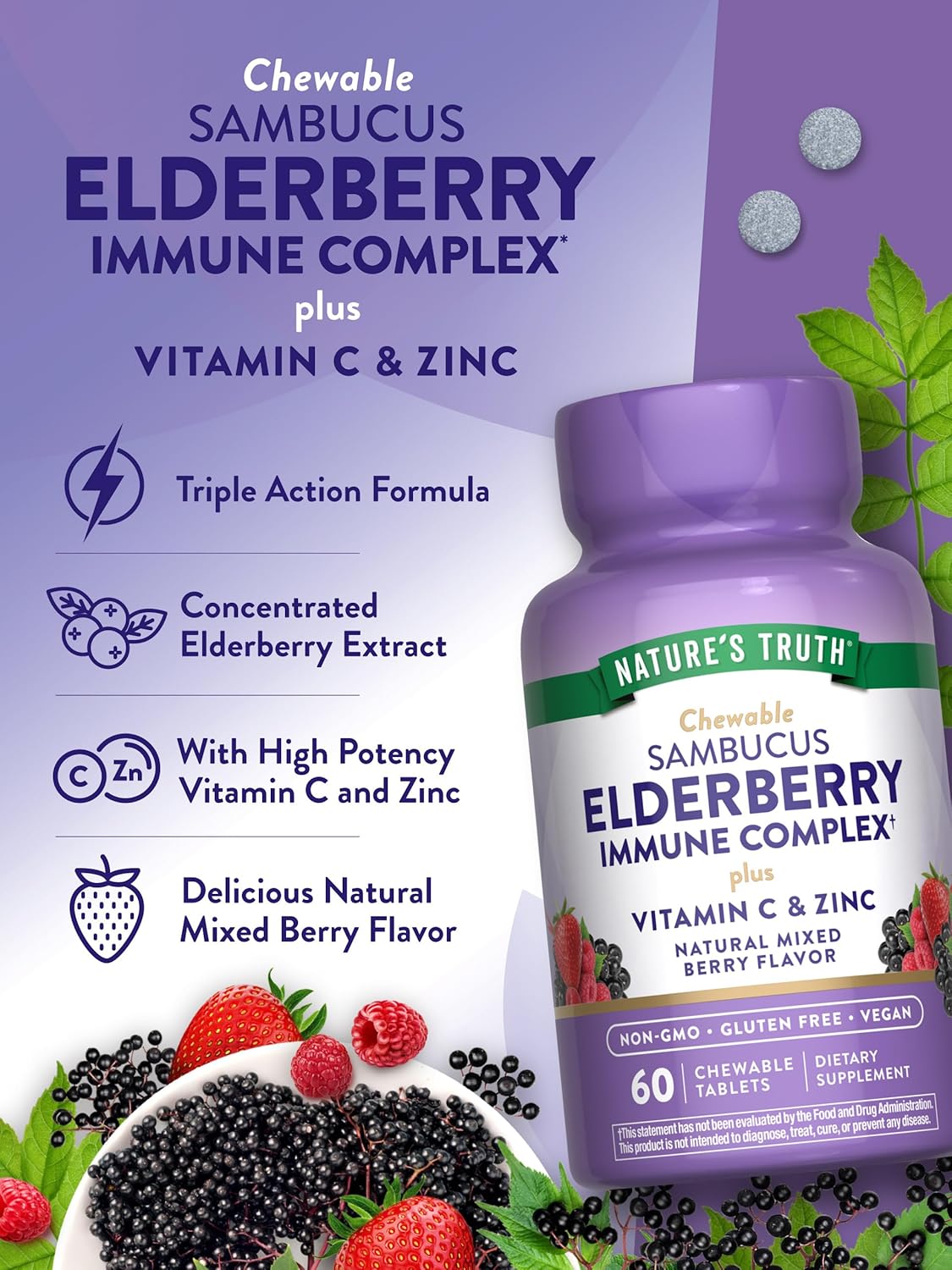 Nature's Truth Elderberry Immune Complex | 60 Chewable Tablets | Plus Vitamin C & Zinc | Mixed Berry | Vegan, Non-GMO, & Gluten Free Supplement