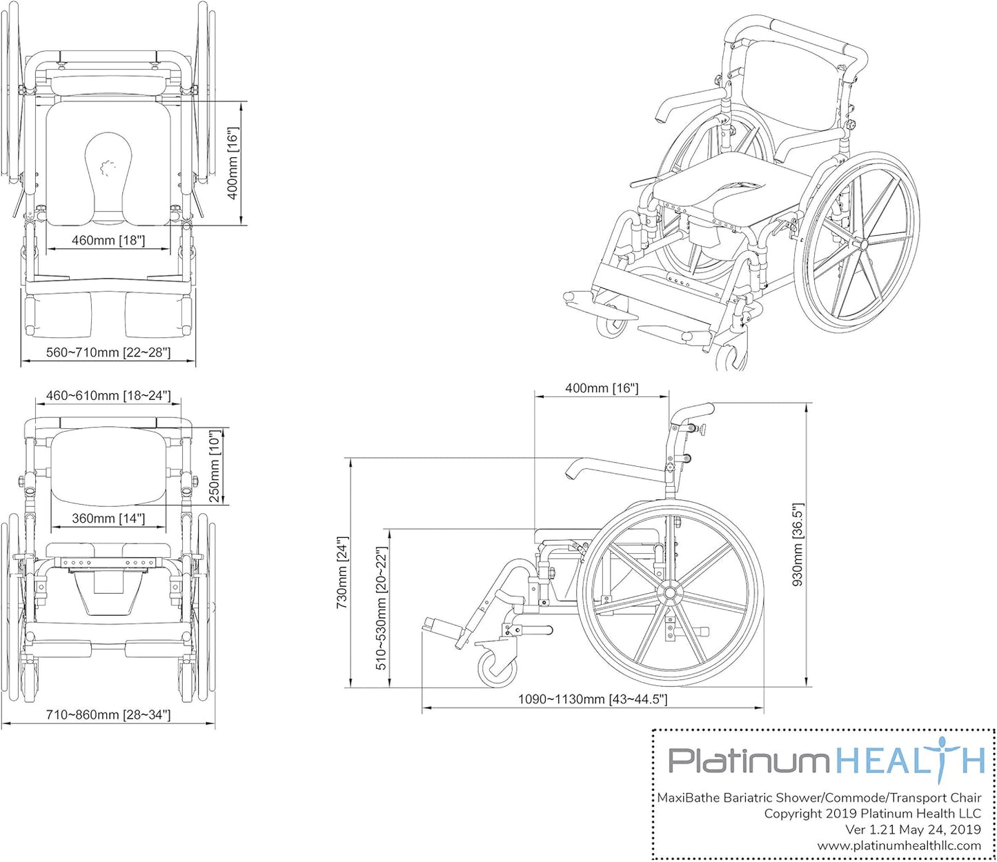 Platinum Health Bariatric Shower/Commode/Transport Chair, Heavy Duty 600lb Capacity, Padded, Retractable Arm and Foot Rests. Self-Propel Wheels. MaxiBathe Professional Shower Chair