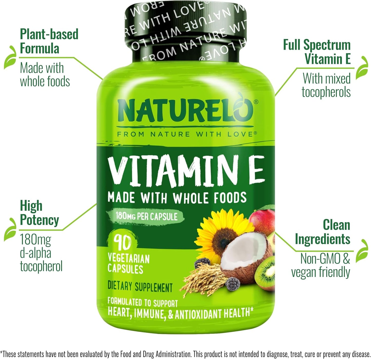 NATURELO Vitamin E - 180 mg (300 IU) of Natural Mixed Tocopherols from Organic Whole Foods - Supplement for Healthy Skin, Hair, Nails, Immune & Eye Health - Non-GMO, Soy Free - 90 Vegan Capsules
