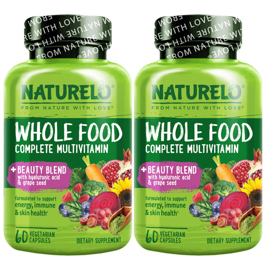 NATURELO Whole Food Multivitamin with Extra Hair, Skin and Nails Support - Beauty Blend with Hyaluronic Acid & Grape Seed - High Potency Biotin, Vitamin C, and Glutathione - 60 Vegan Capsules