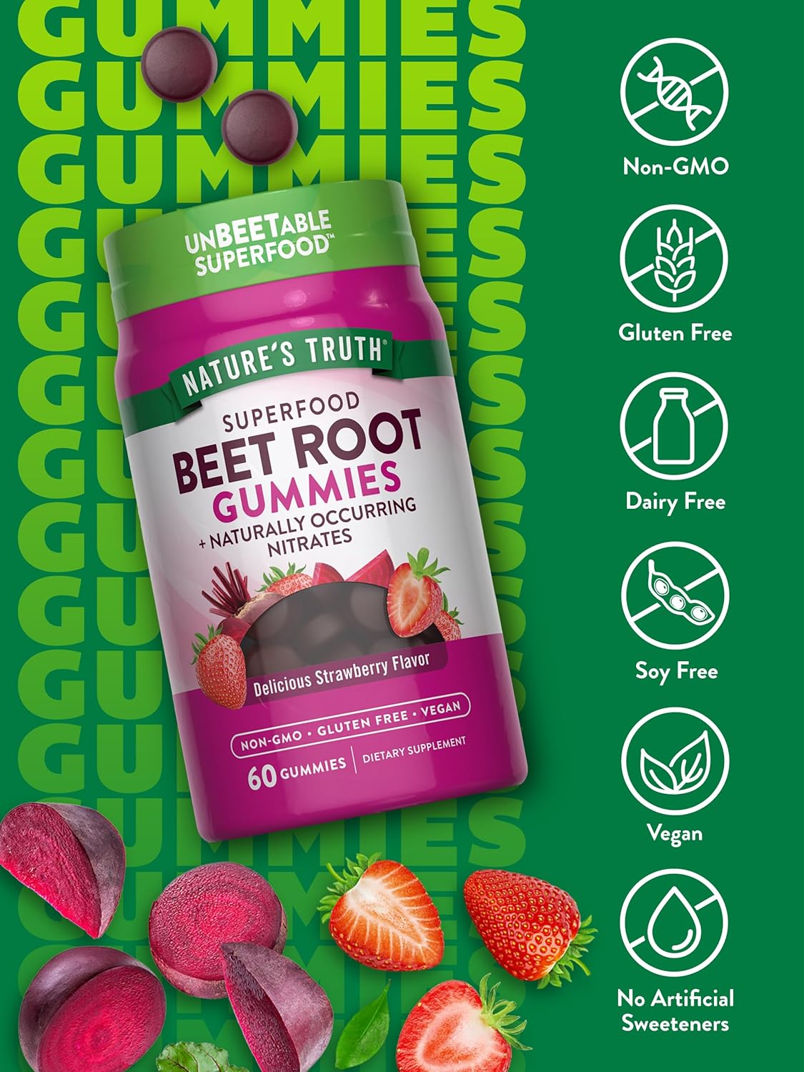 Nature's Truth Beet Root Gummies | 60 Count | Super Food | with Black Pepper | Strawberry Flavor | Vegan, Non-GMO & Gluten Free Supplement