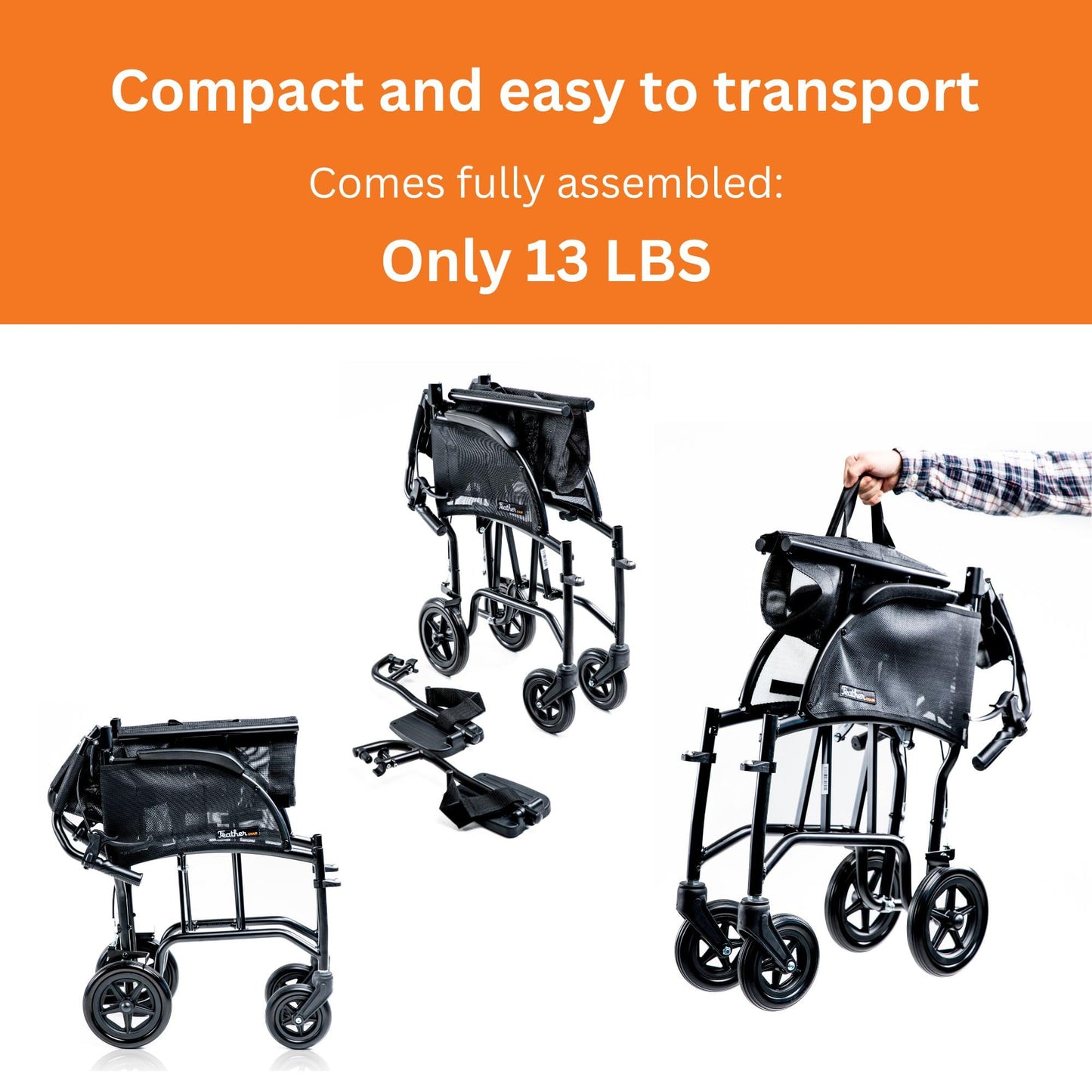 Feather Mobility - 13lb Frame - Black Lightweight Folding Transport Chair - Without Handbrakes - 300 lb Capacity