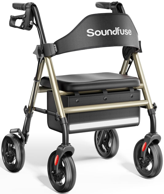 Rollator Walkers with Seat for Seniors, Foldable 8" Big Wheels All Terrain Rolling Walker, Handles and Ergonomic Seat Height Adjustable, 350 lb, FSA HSA Eligible