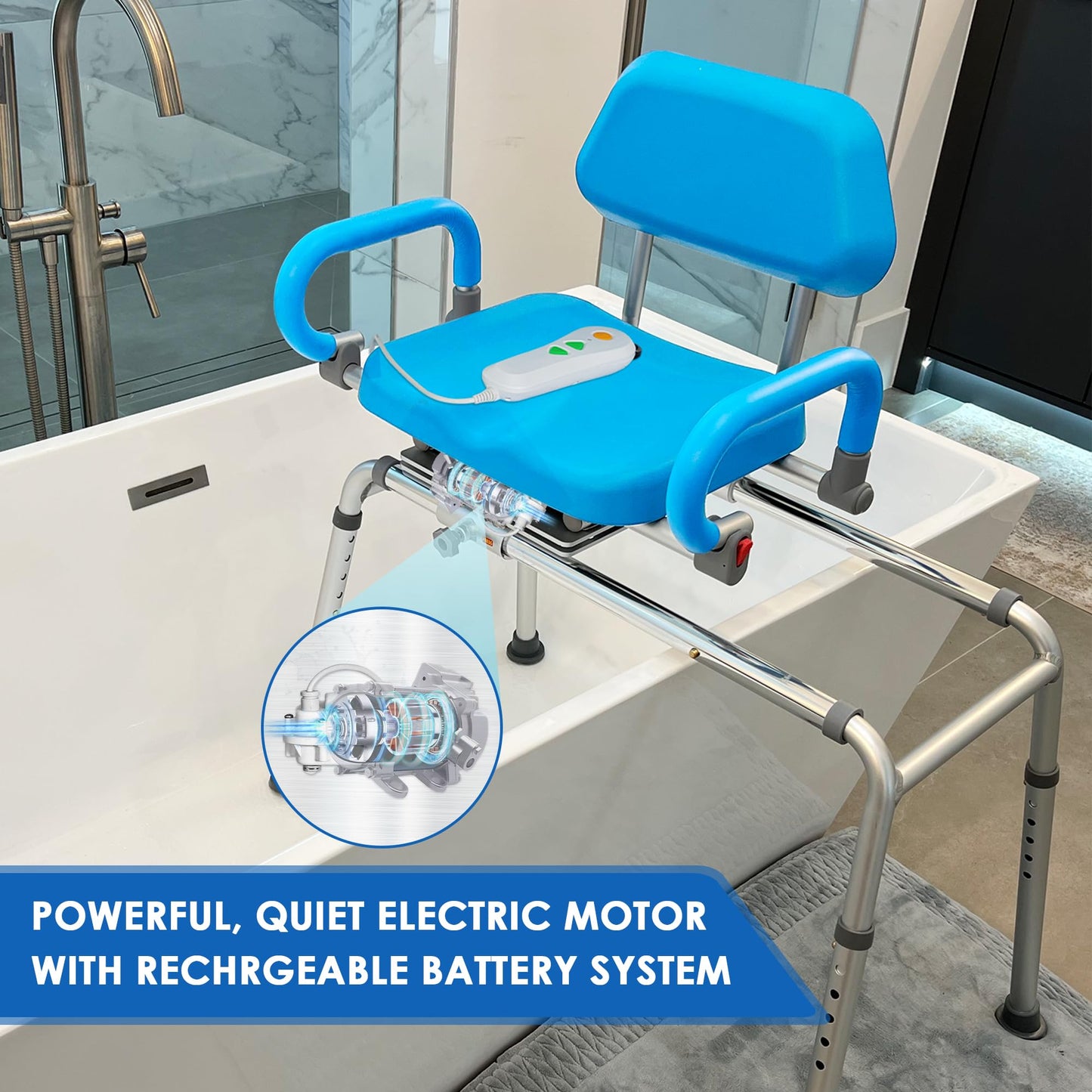 Platinum Health Carousel Sliding Shower Chair Tub Transfer Bench with Swivel Seat, Premium Padded, Pivoting Arms, Adjustable Space Saving Design for Tubs, Inside Shower, for Handicap & Seniors, Blue