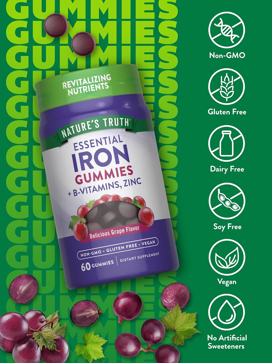 Nature's Truth Iron Gummies | 60 Count | Vegan, Non-GMO & Gluten Free Supplement | with Zinc & B Vitamins | Grape Flavor