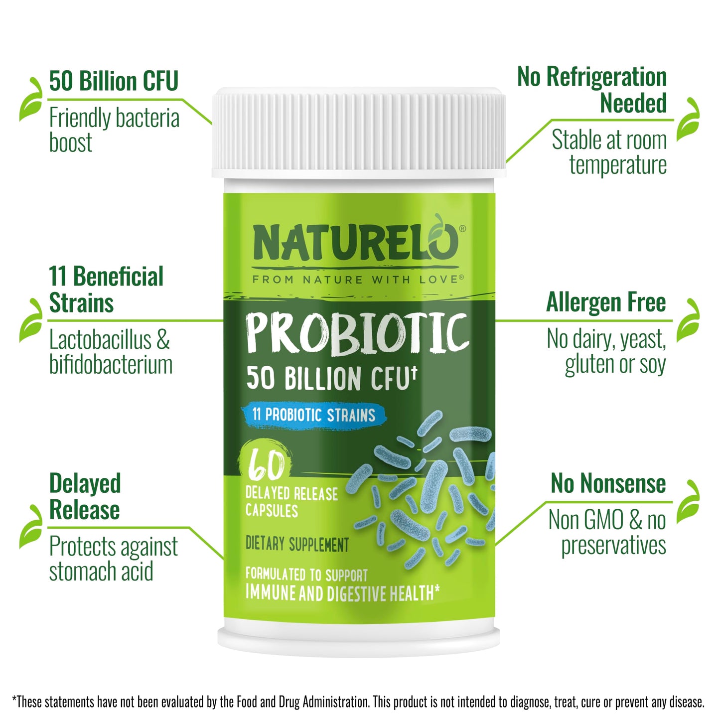 NATURELO Probiotics for Digestive Health - 50 Billion CFU, 11 Strains Daily Supplement - Boosts Immune System, Delayed Release, 60 Vegetarian Capsules