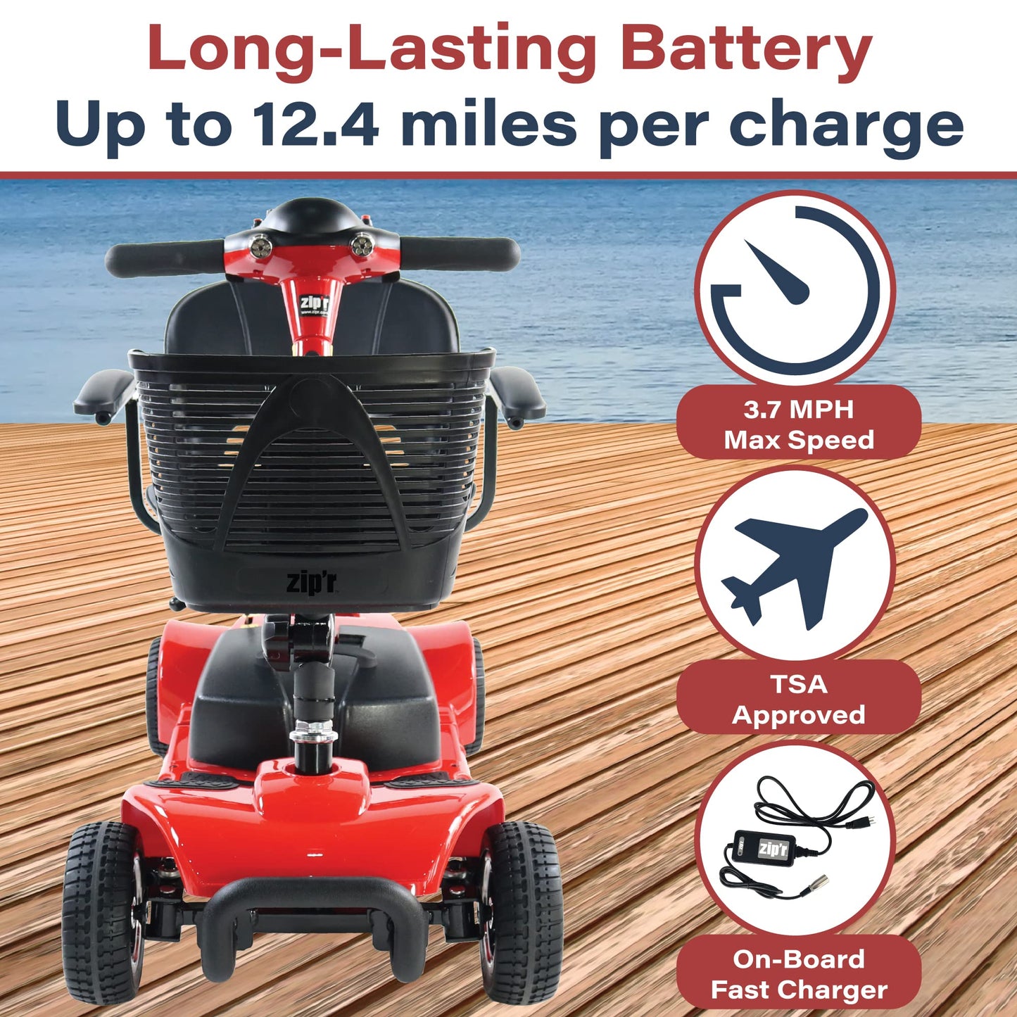Zipr Roo 4 Wheel Mobility Scooter - Electric Powered Wheelchair Medical Aid - Compact Heavy Duty Mobile for Travel, Seniors, Adults, Handicapped - Long Range Battery with Charger Basket Included