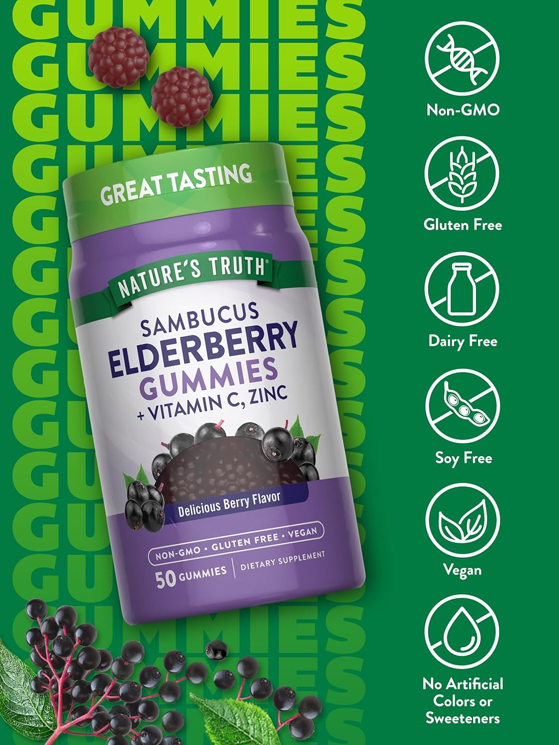 Nature's Truth Black Elderberry Gummies | 50 Vegan Gummies | with Vitamin C and Zinc | Berry Flavor | Vegan, Non-GMO, and Gluten Free Supplement