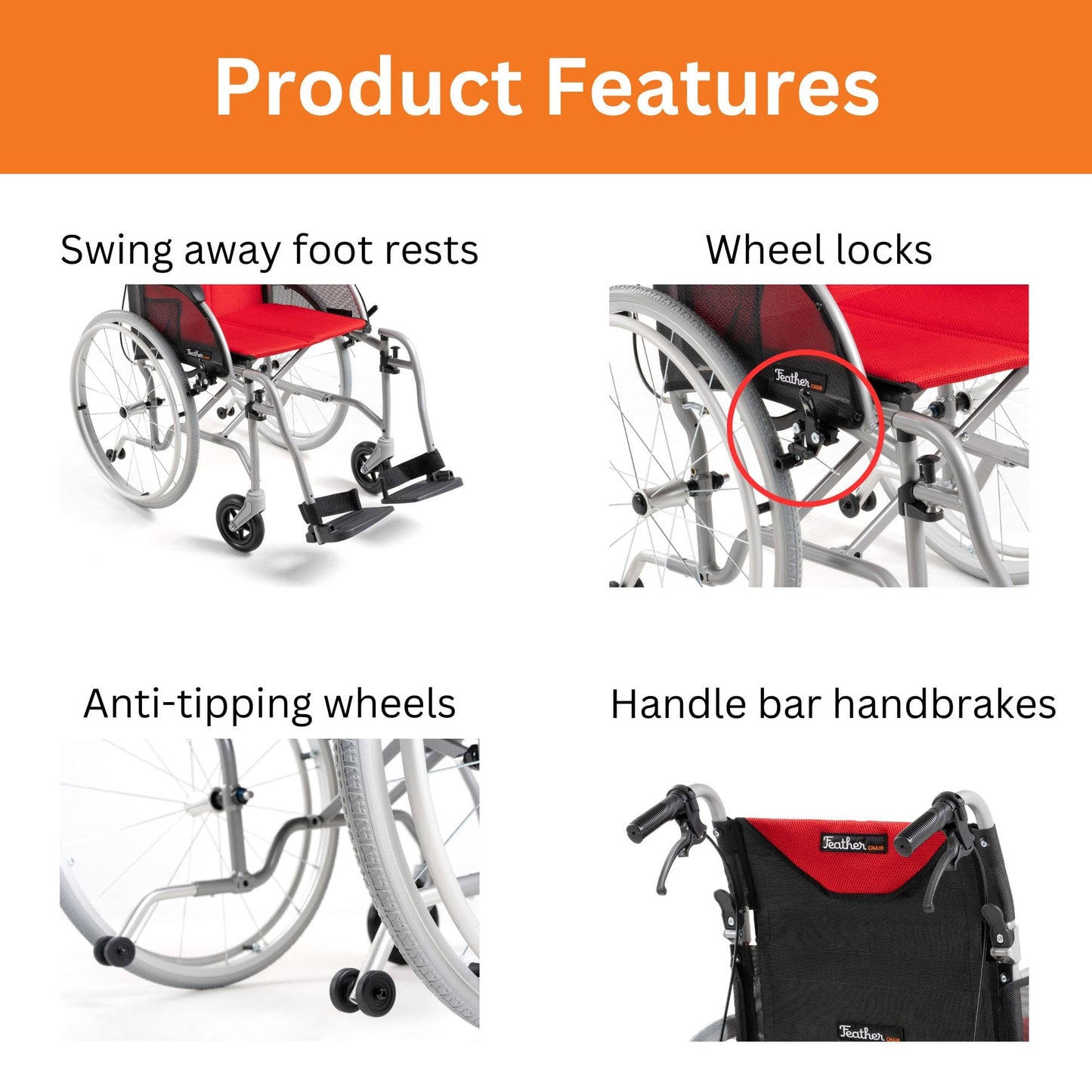 Feather Mobility - Red Cushion 13.5lb Silver Frame Lightweight Folding Wheelchair - Seat Width 18" with Swingaway Legrests, Anti-tippers, and Quick Release Wheels