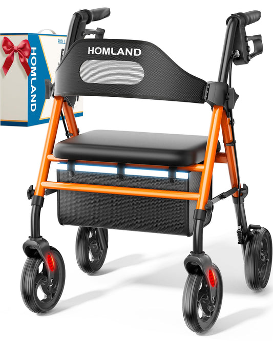 Foldable Rollator Walkers with Seat for Seniors, 8'' Big Wheels, 350 lb. Weight Capacity, Adjustable Handles and Seat Height, Lightweight Rolling Walker, Red