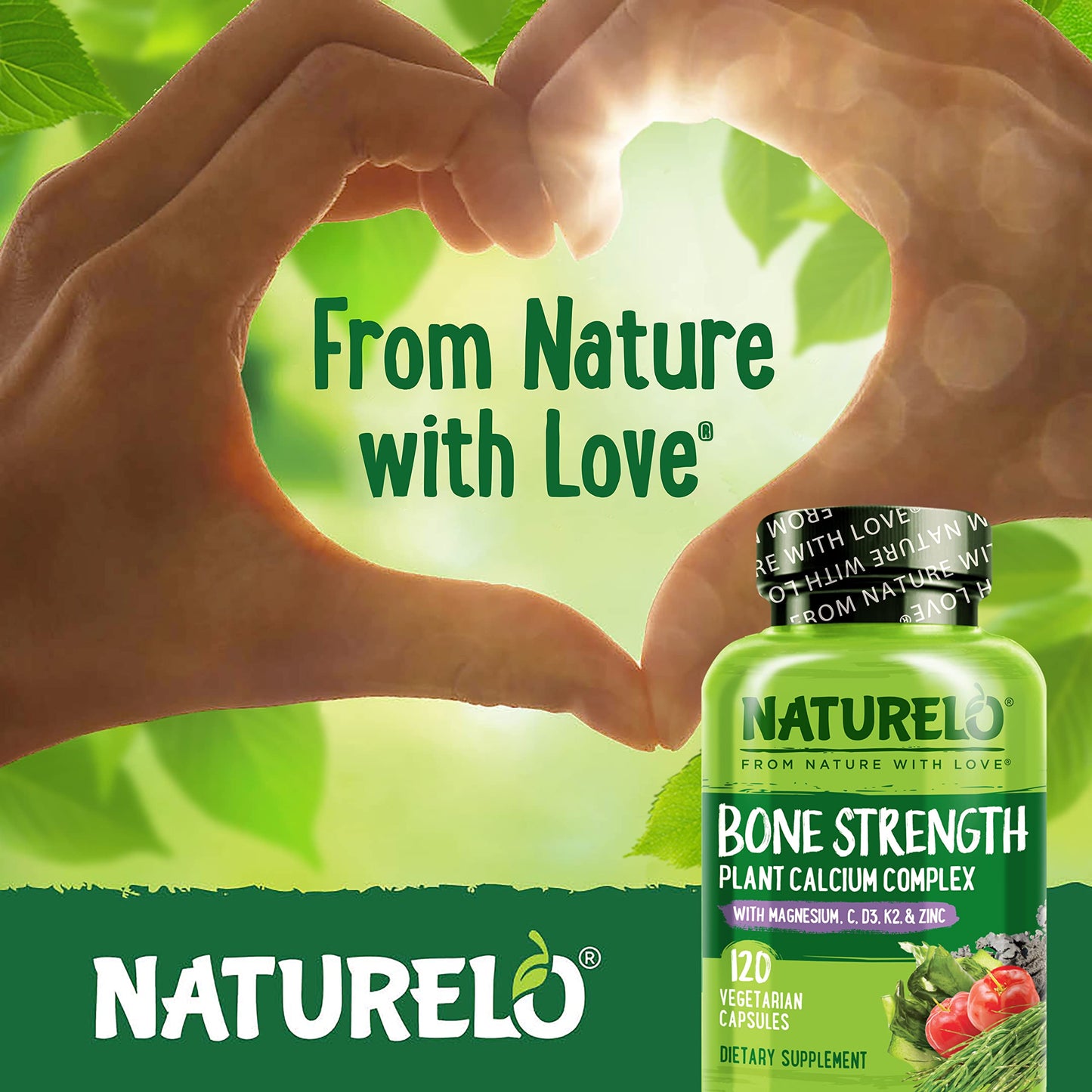 NATURELO Calcium Supplement - with Vitamin C, Vitamin D3, K2, and Calcium Magnesium Zinc for Bone Strength with Calcium 600mg - Plant-Based, 120 Vegetarian Capsules, Non-GMO, Soy & Gluten-Free