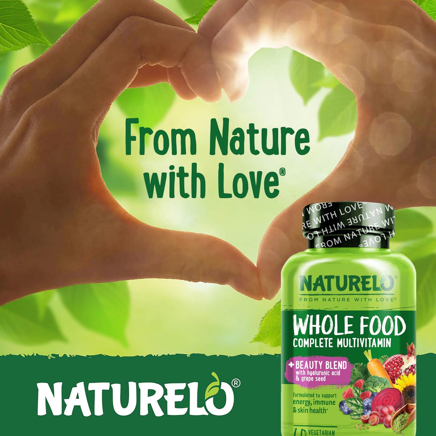 NATURELO Whole Food Multivitamin with Extra Hair, Skin and Nails Support - Beauty Blend with Hyaluronic Acid & Grape Seed - High Potency Biotin, Vitamin C, and Glutathione - 60 Vegan Capsules