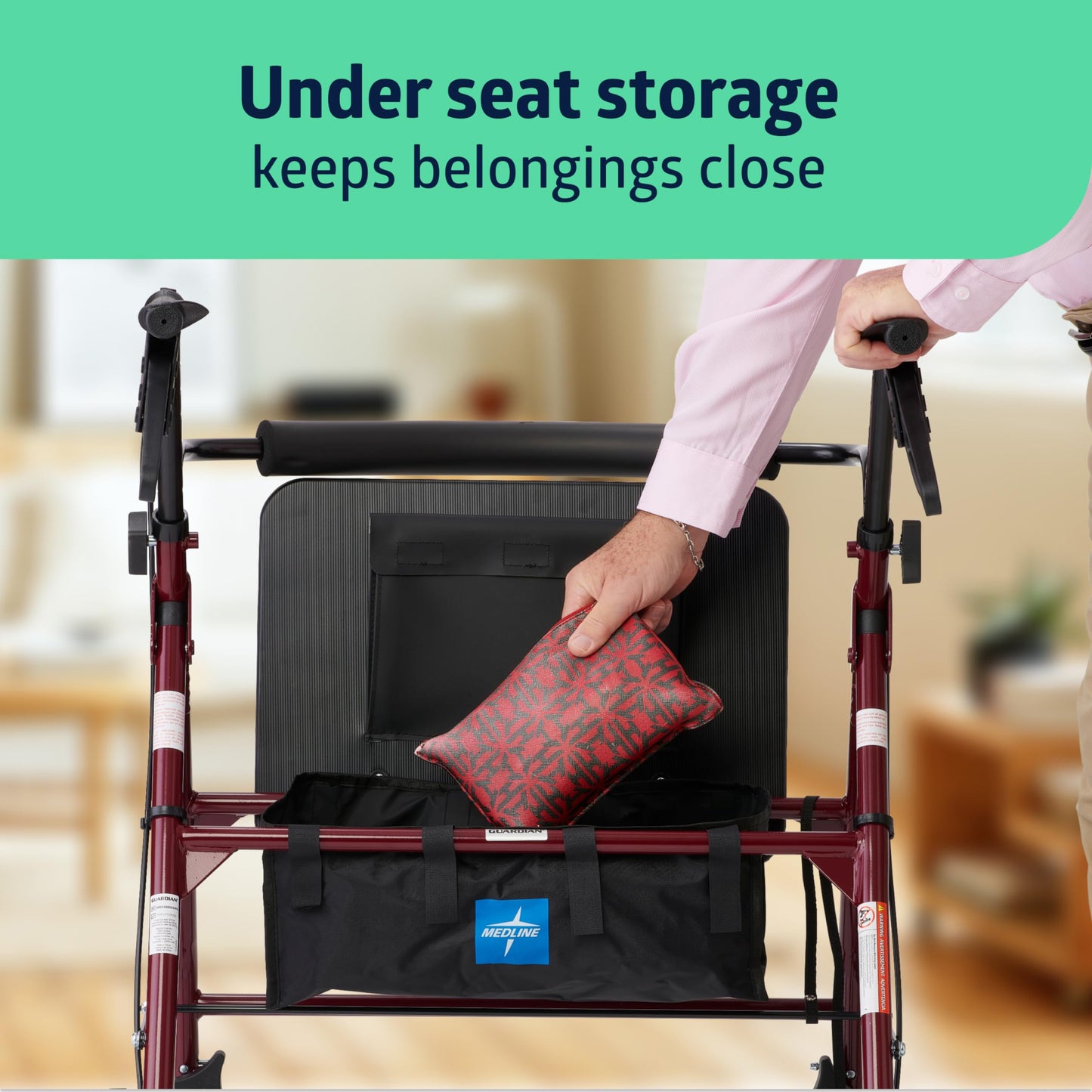 Medline Large Steel Bariatric Rollator Walker with Adjustable Handles, Padded Seat & Backrest, Burgundy, 500 lb. Weight Capacity, Foldable, Under Seat Storage, 8" Wheels, Rolling Walker For Seniors & Adults