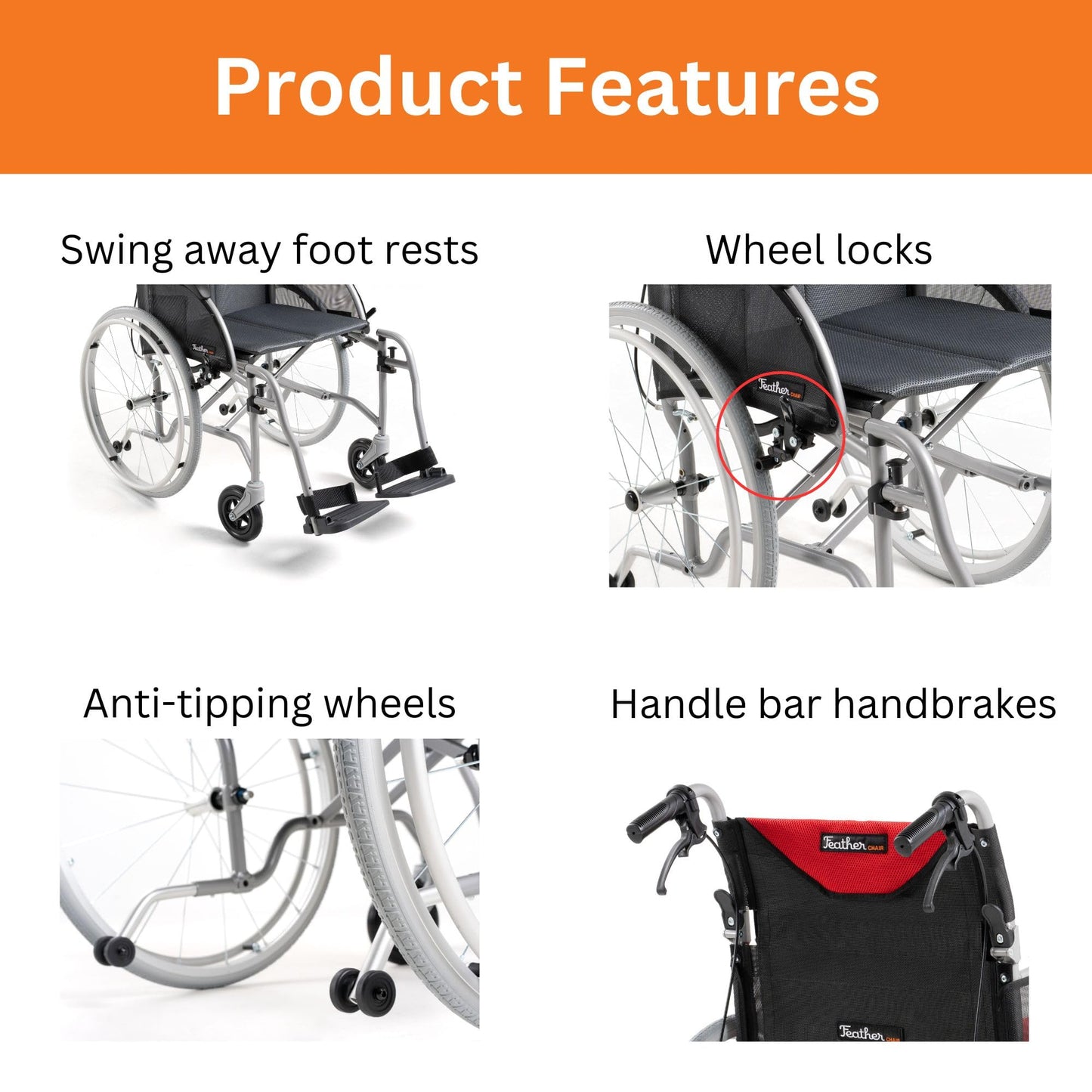Feather Mobility - Red Cushion 13.5lb Silver Frame Lightweight Folding Wheelchair - Seat Width 18" with Swingaway Legrests, Anti-tippers, and Quick Release Wheels