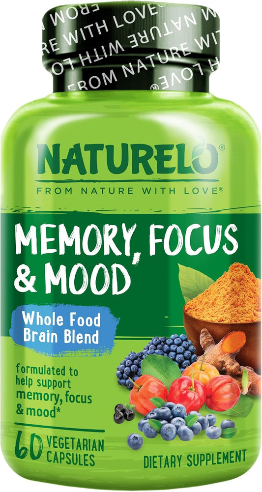 NATURELO Whole Food Brain Supplement - Brain Health Supplements for Memory & Focus Support - Enhance Brain Health Blend Supplement for Adults - 60 Vegetarian Capsules