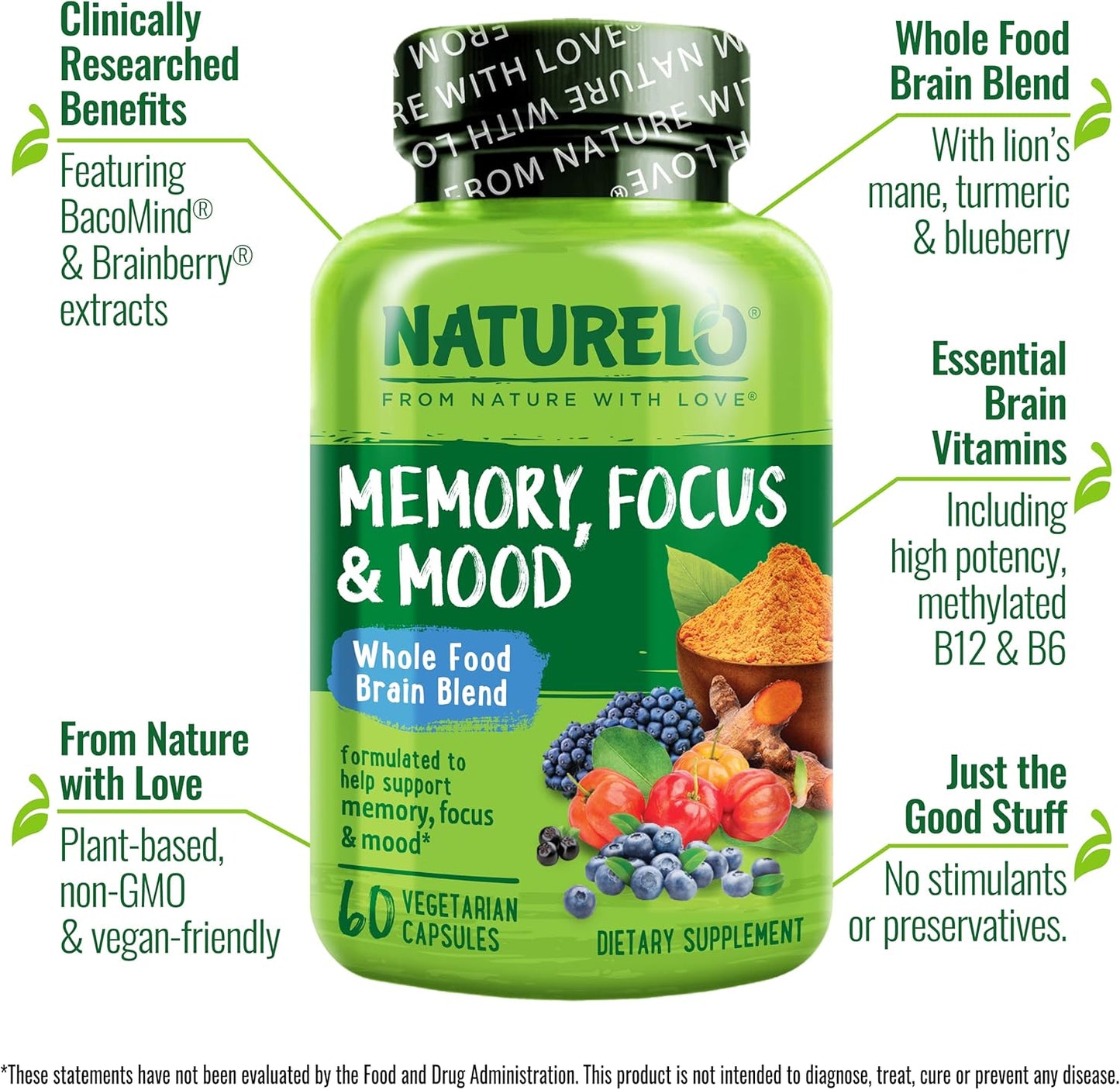 NATURELO Whole Food Brain Supplement - Brain Health Supplements for Memory & Focus Support - Enhance Brain Health Blend Supplement for Adults - 60 Vegetarian Capsules