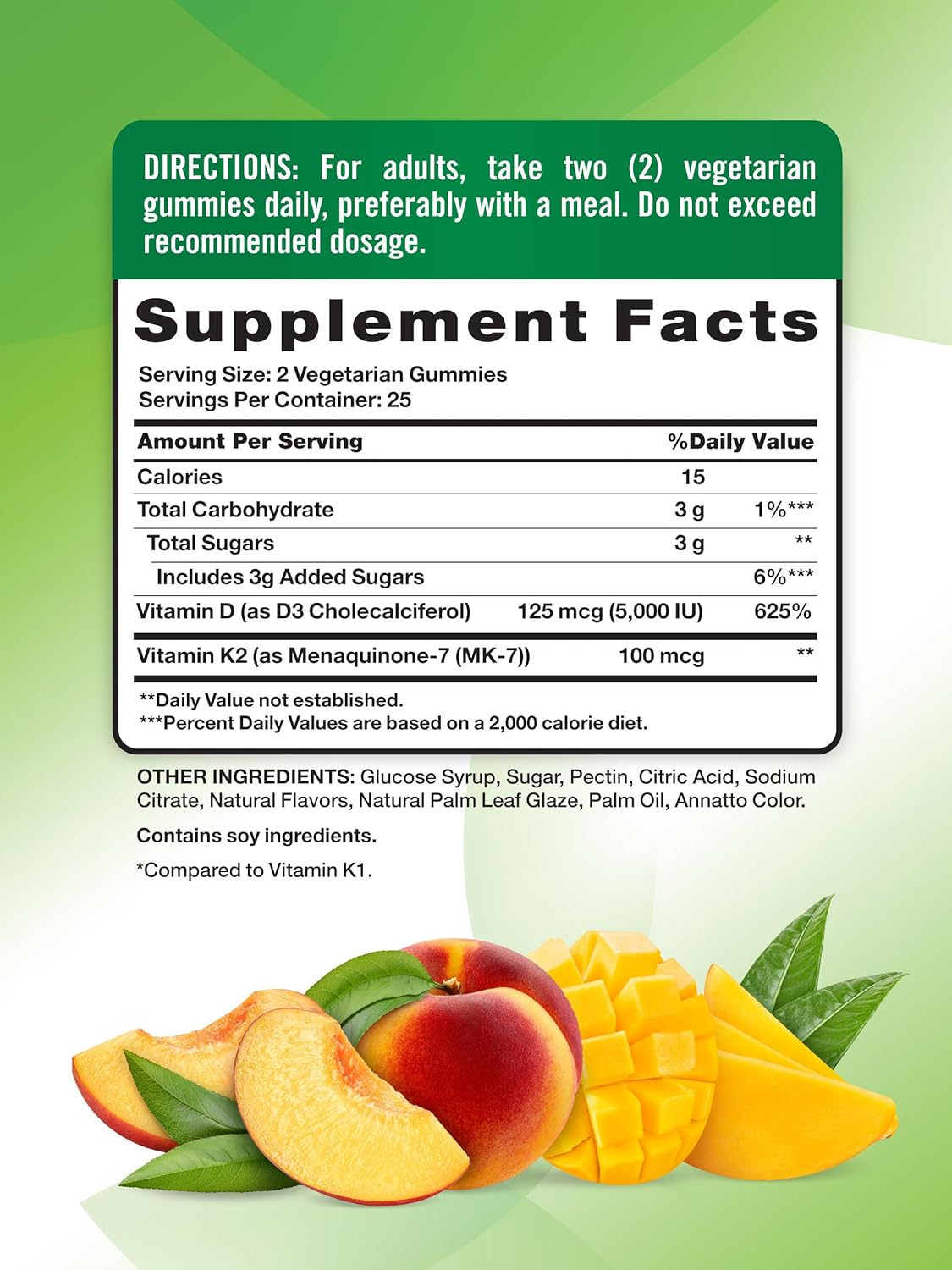 Nature's Truth Vitamin D3 + K2 Gummies | 50 Count | Peach Mango Flavor | Vegetarian, Non-GMO & Gluten Free Supplement