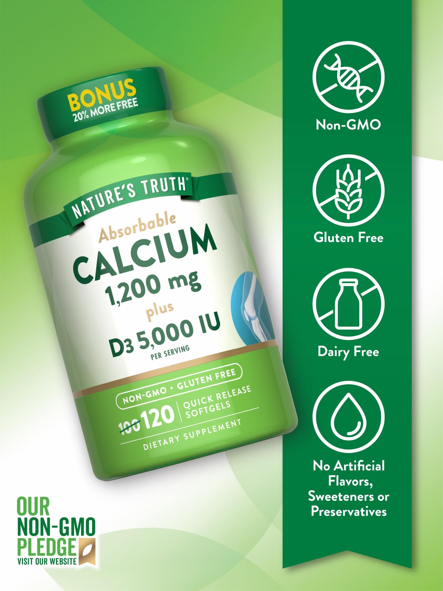 Nature's Truth Absorbable Calcium 1200 mg with Vitamin D3 5000 IU | 120 Softgels | Calcium Carbonate | Non-GMO & Gluten Free Supplement