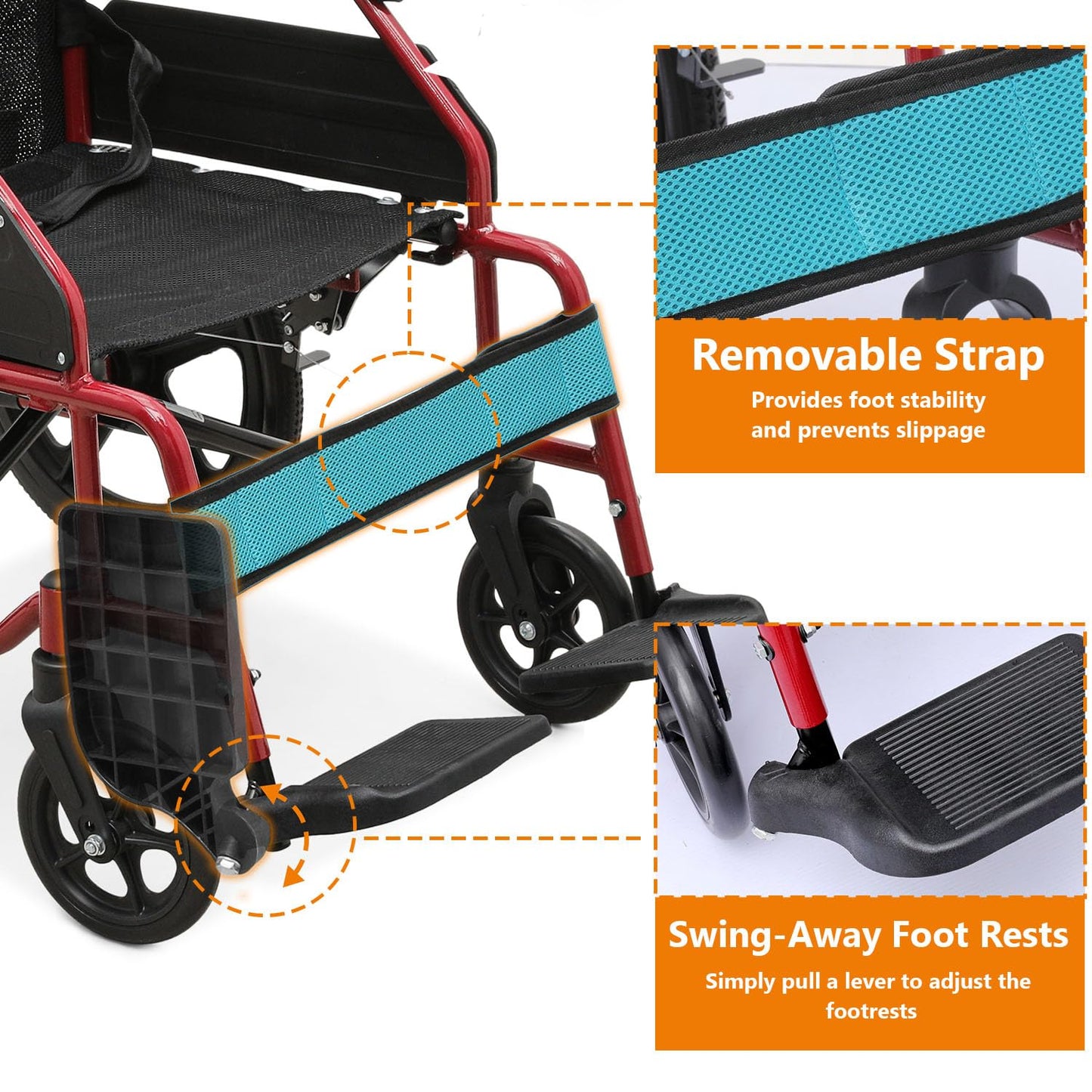 Wheelchair with Handbrakes, Swing-Away Footrests, 17.5" Wide Seat, 15" Rear Wheels, Lightweight Transport Chair for Easy Transfer, Travel, Compact Storage, 250lbs Capacity, Black Frame